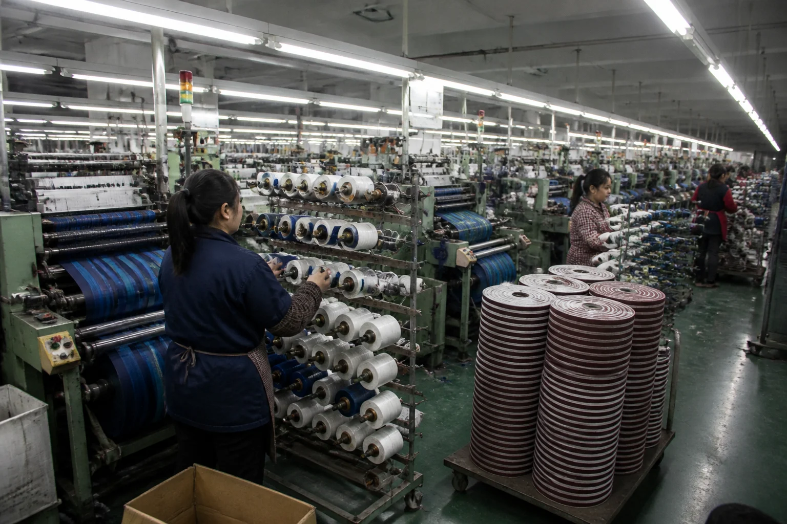Smith Ribbon and Bow factory floor during holiday season production expansion — multiple looms running with workers managing yarn and finished ribbon rolls