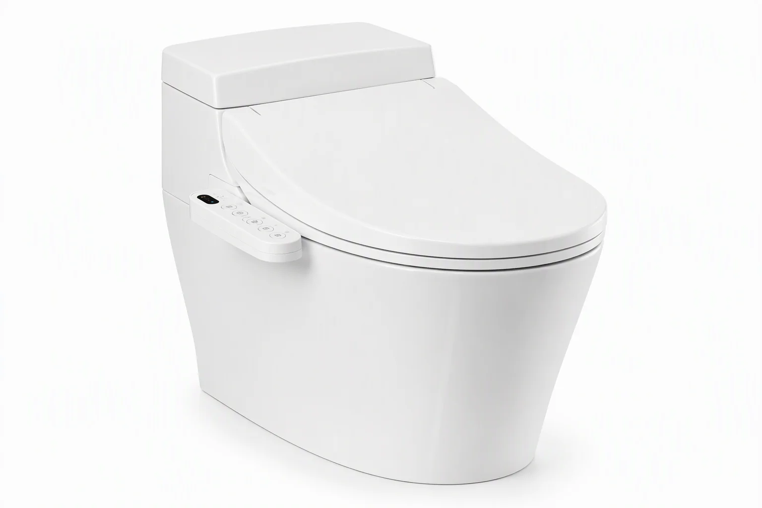 White one-piece smart toilet with closed soft-close lid and side control panel