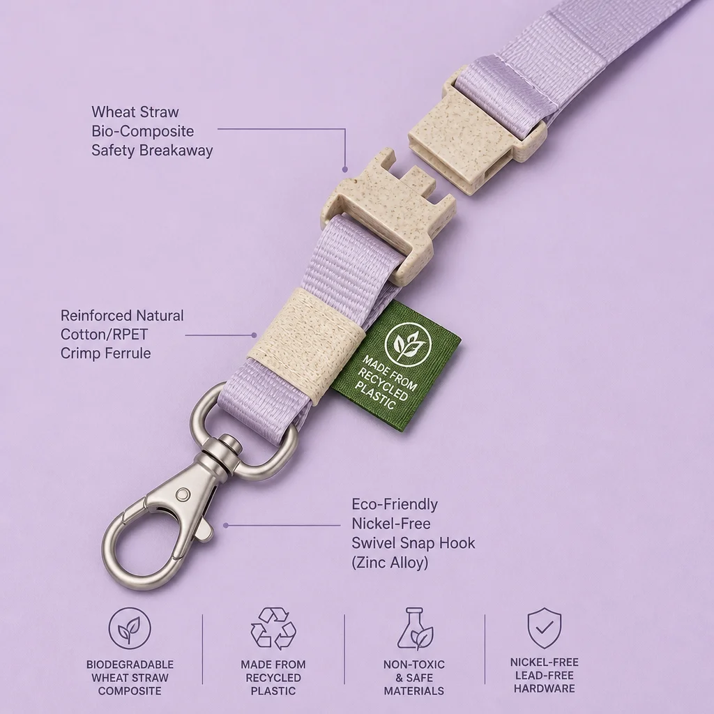 Eco RPET Lanyard Component Anatomy Breakdown with Wheat-Straw Buckles & GRS Certification