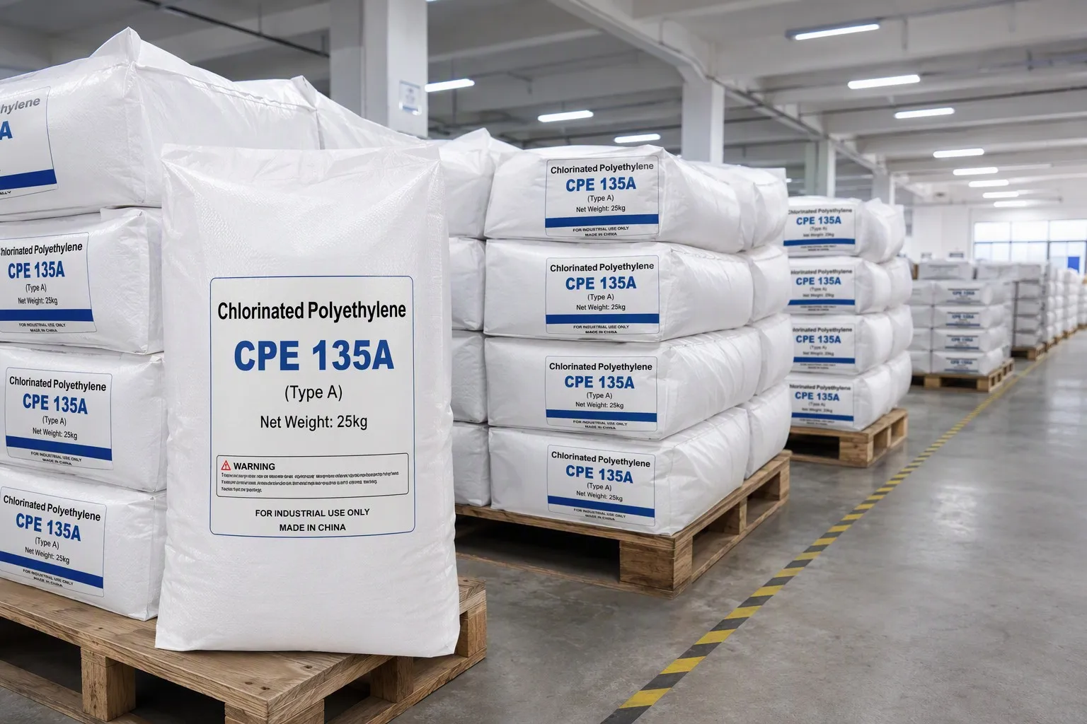 CPE 135A 25kg PP woven bags on pallets