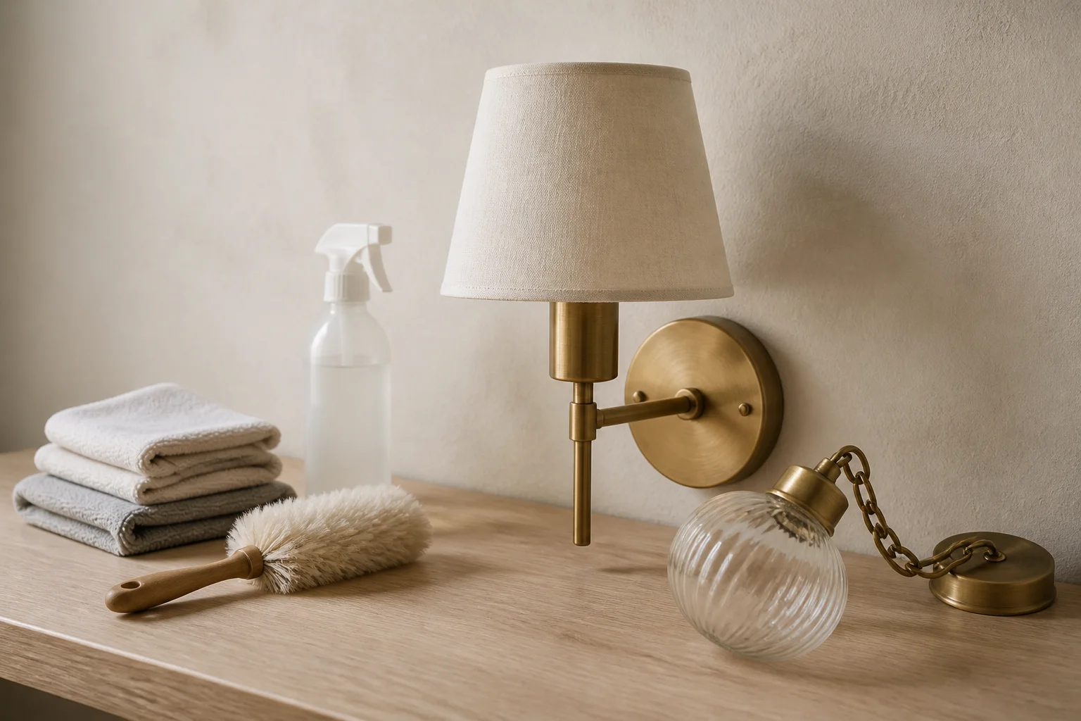Cleaning kit with a soft cloth, brush and neutral cleaner beside a brass wall light and a glass pendant