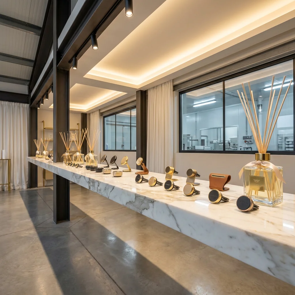 Professional fragrance manufacturer showroom with car diffusers