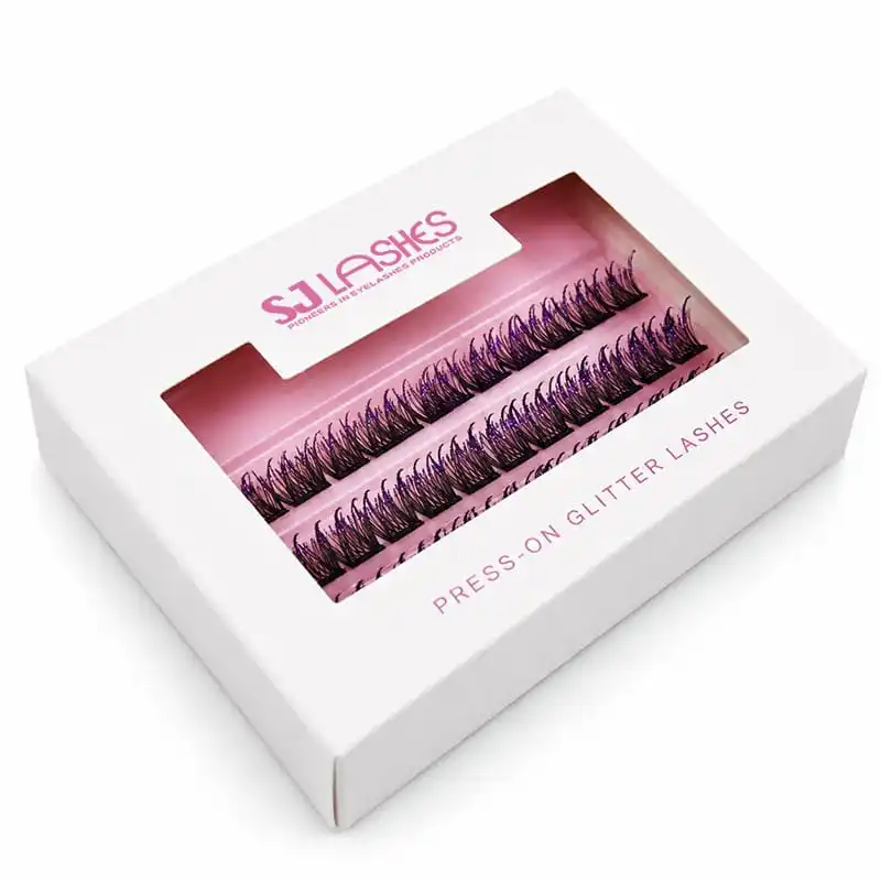 White window box with pink tray holding three rows of purple glitter press-on lash segments - press-on glitter lash packaging OEM
