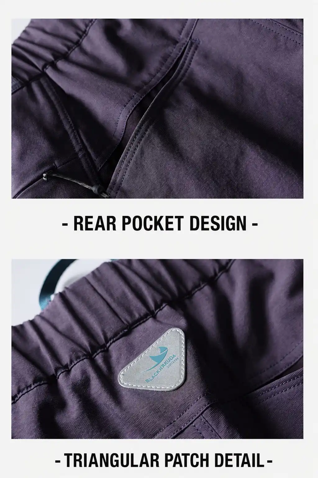 Close-up of the rear pocket construction and triangular rear patch on the utility pants