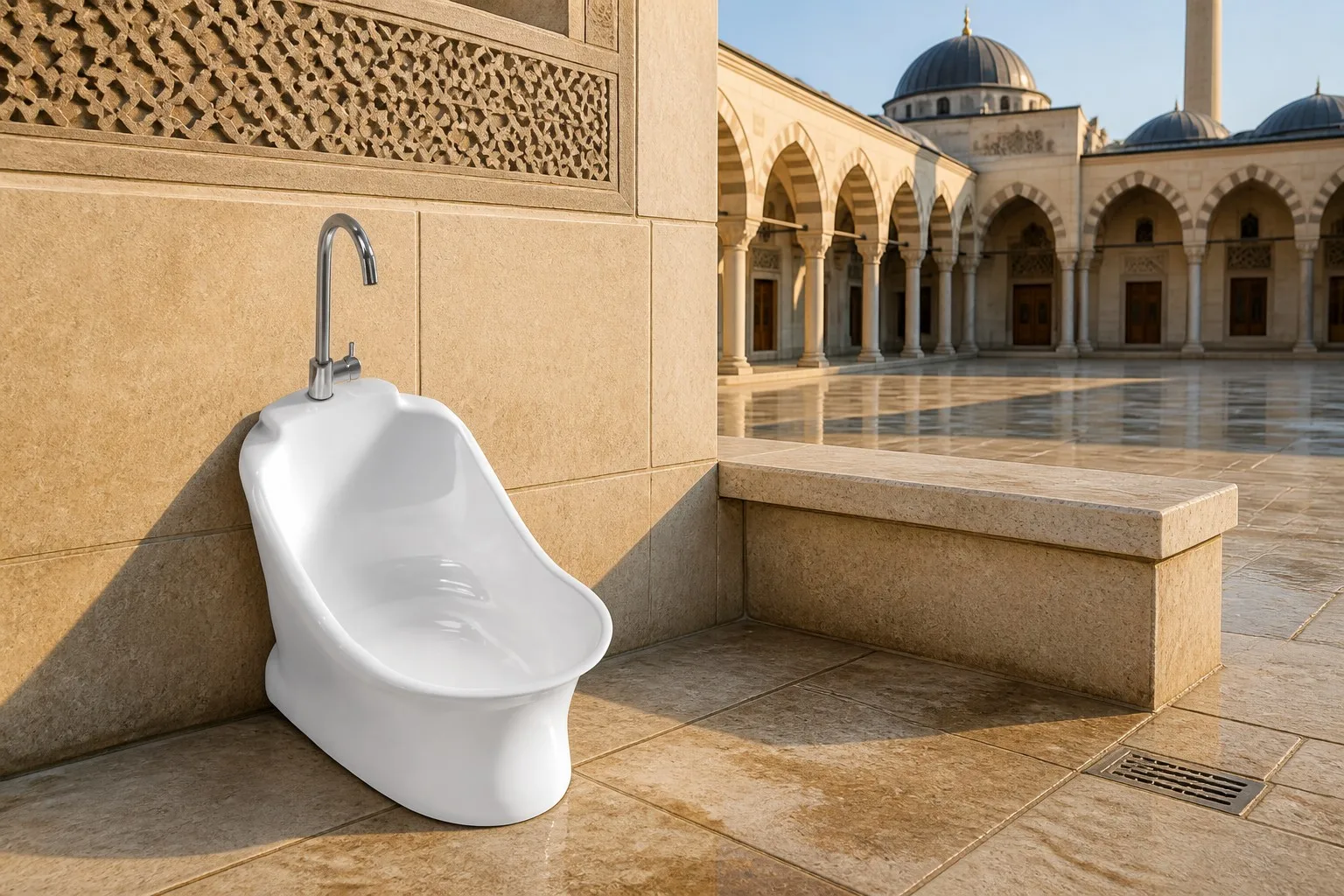 White ceramic wudu basin in an outdoor mosque courtyard ablution area