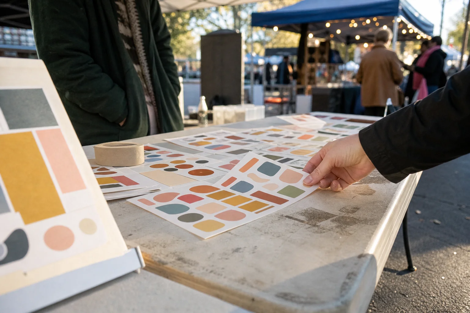Small vendor table at a local market with sticker sheets being picked up by a visitor