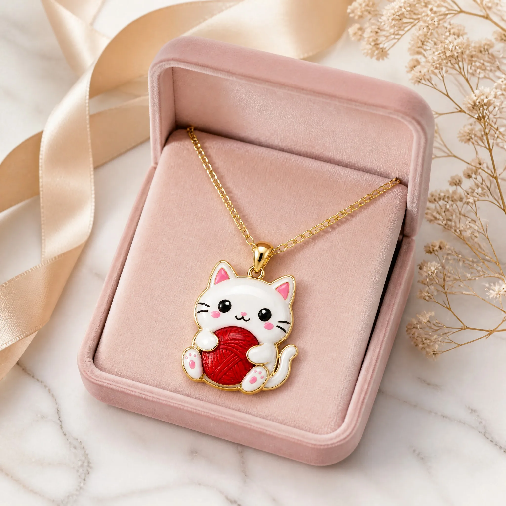 Cat pendant necklace in blush pink velvet gift box with ribbon on marble