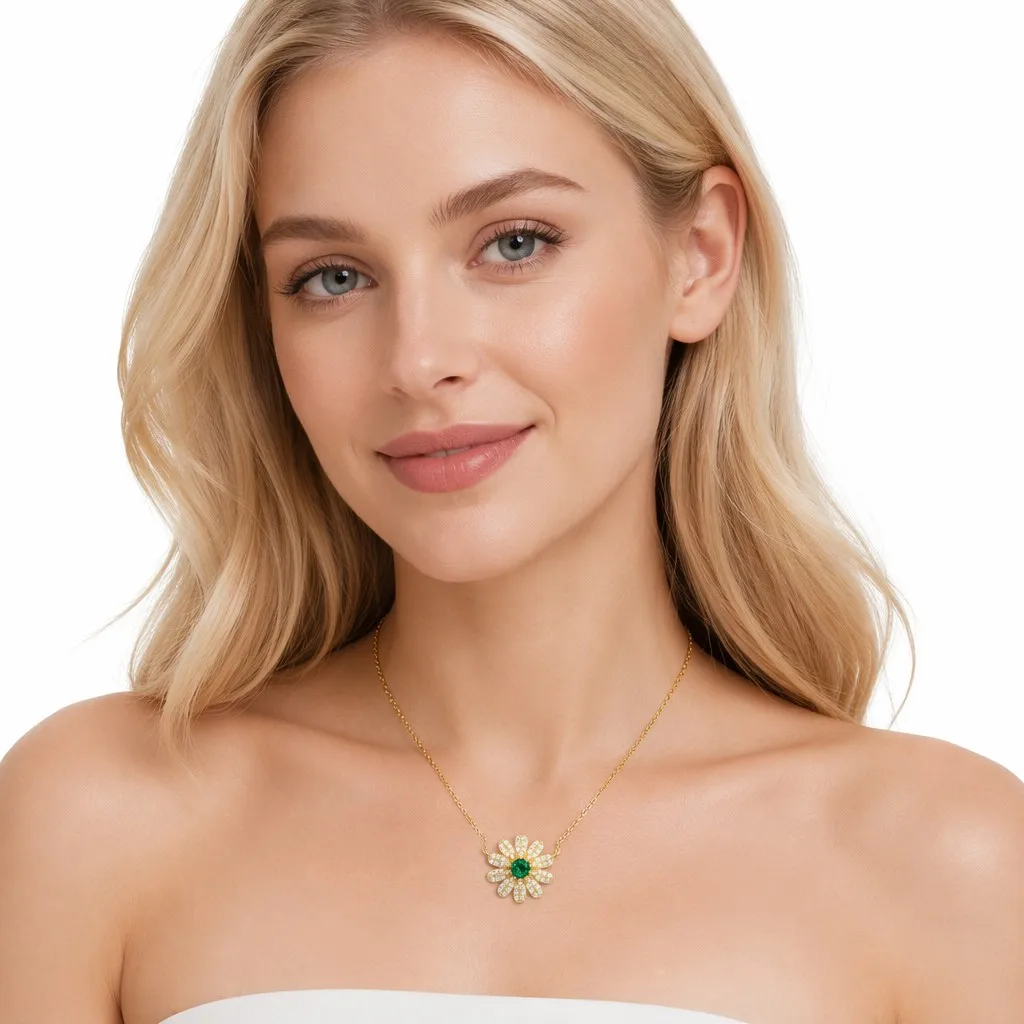 Daisy Flower Emerald Pendant Necklace Gold Link Chain Floral Jewelry for Women Gift