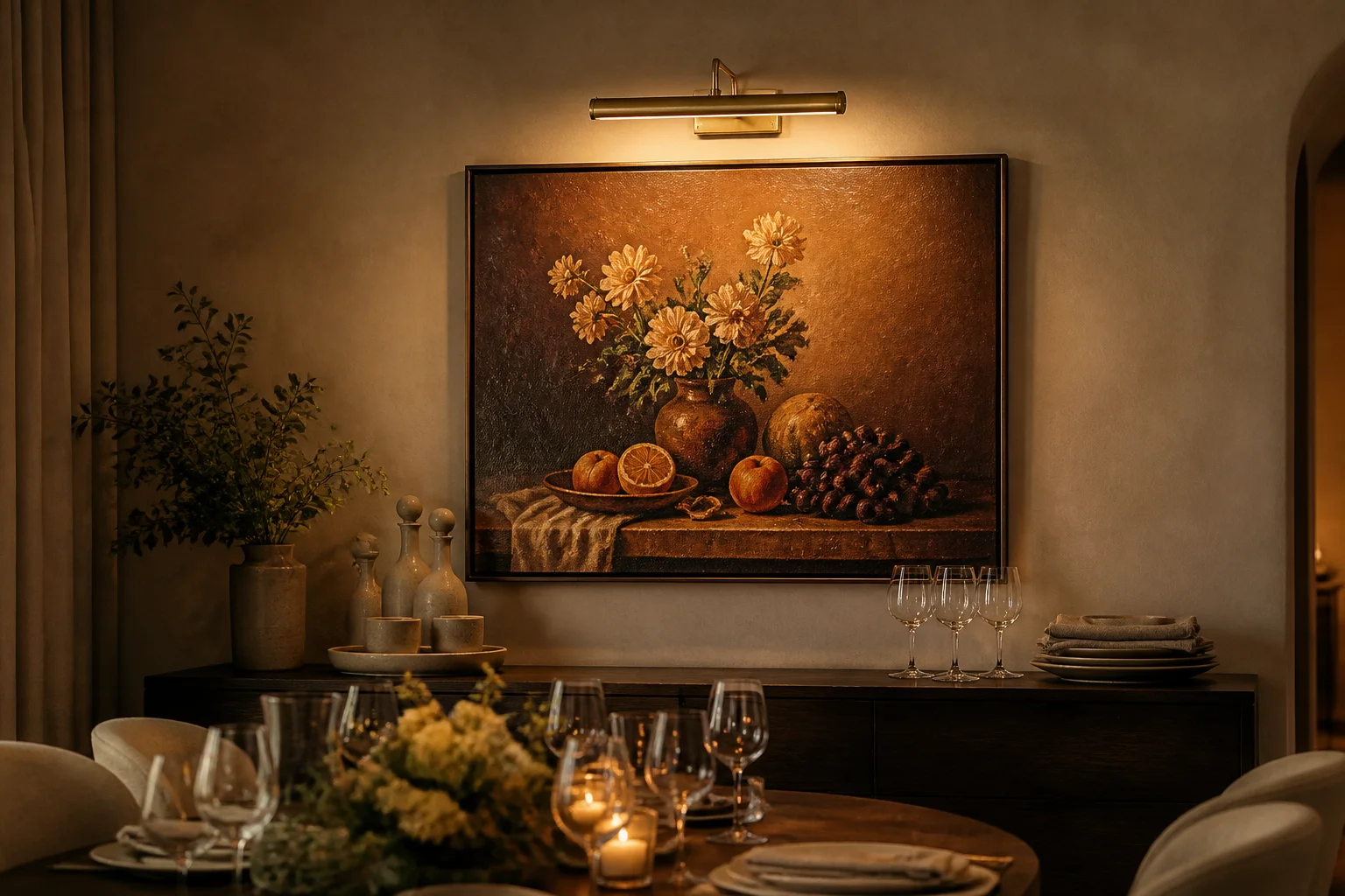 Antique brass wireless picture light mounted above framed still life oil painting in an intimate dining room setting