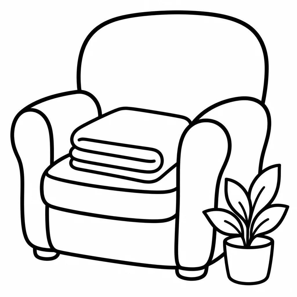 Bold and easy line art of a cozy nest corner with armchair, lamp, mug and book