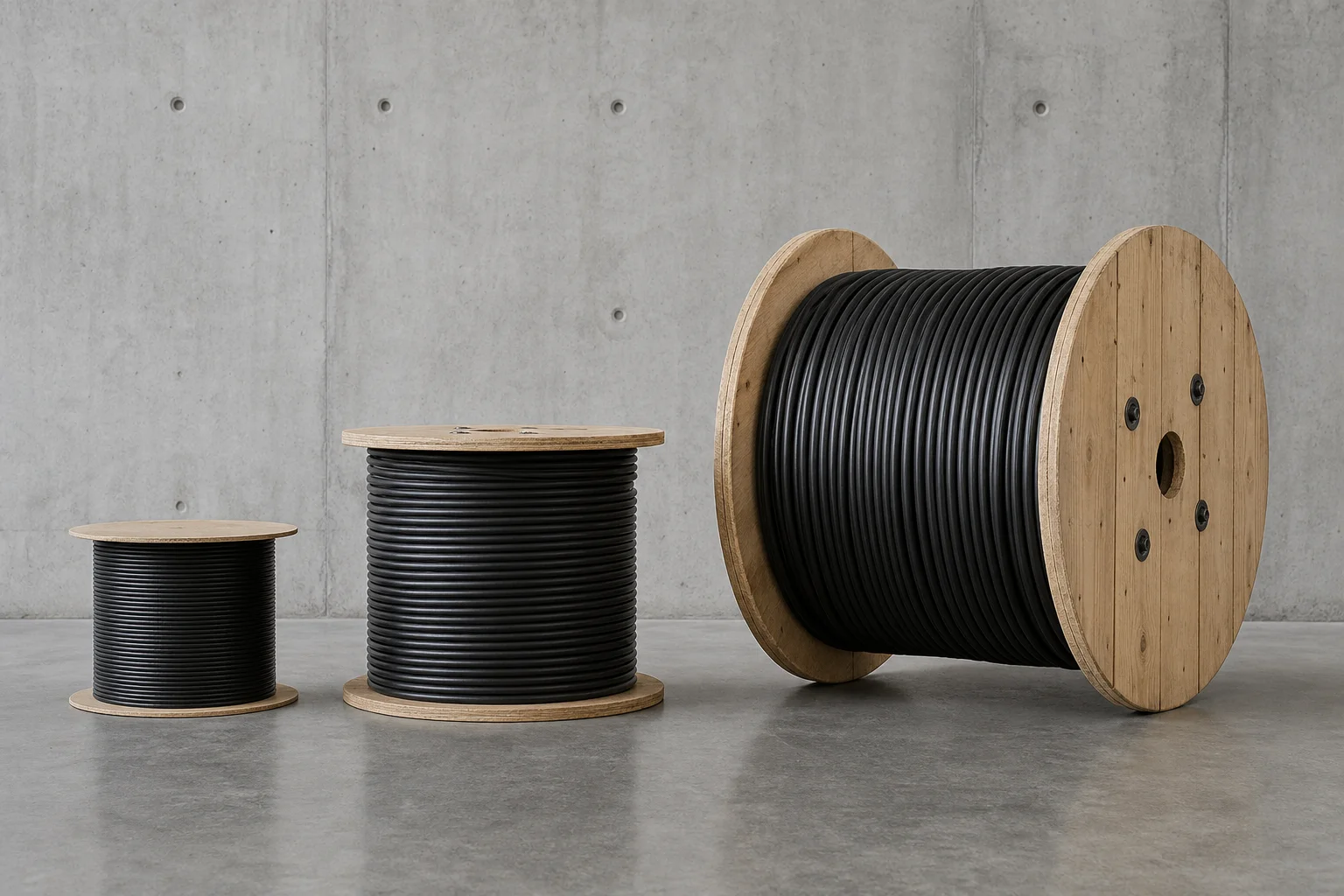 Three cable reels of increasing size arranged on a concrete floor
