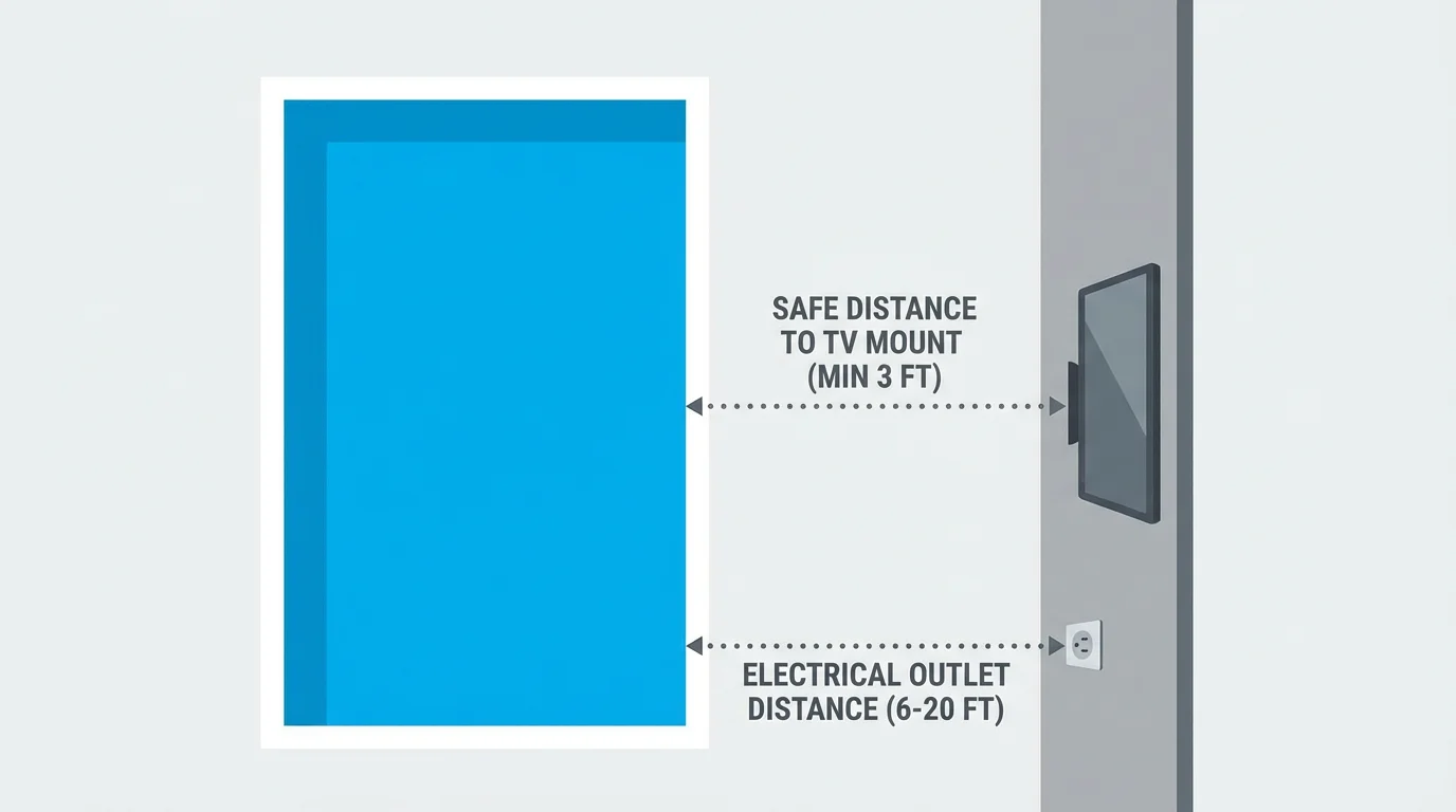 Diagram showing safe TV mounting distance and electrical outlet placement requirements for a residential pool