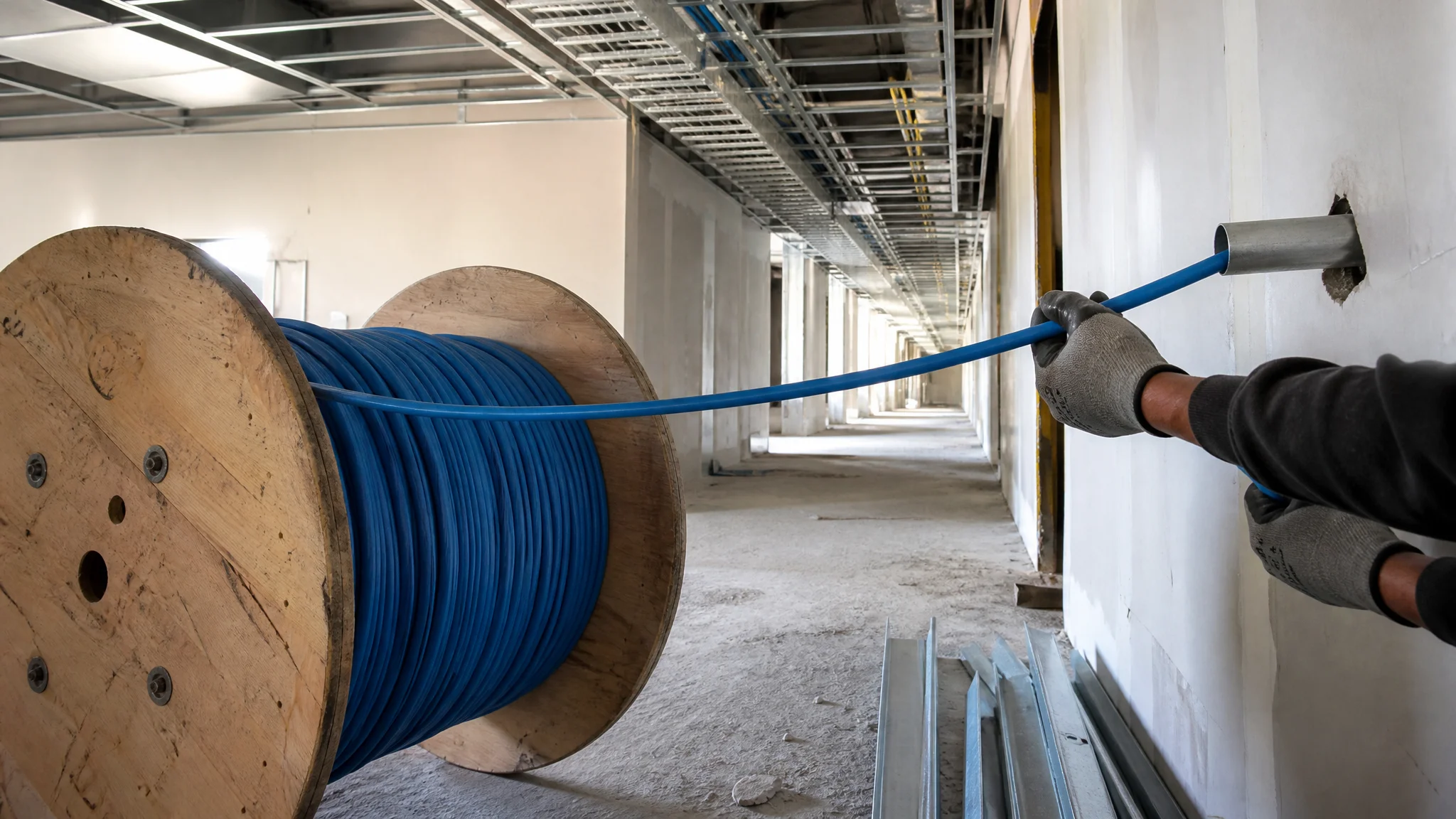 Ethernet cable being pulled from a large reel through conduit on a construction site