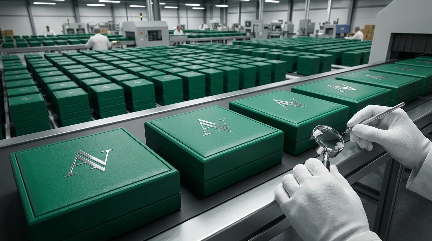 Production finishing line for custom emerald green jewelry boxes undergoing logo alignment inspection.