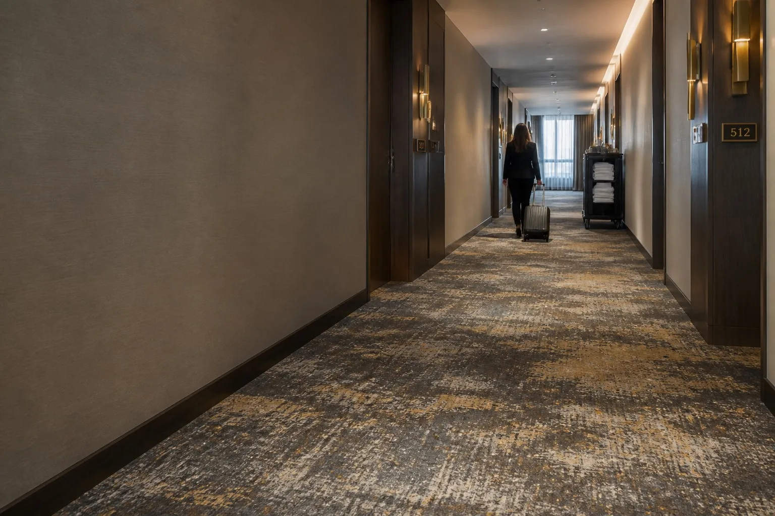 Hotel corridor carpet with layered pattern, warm lighting, and a housekeeping cart in the distance