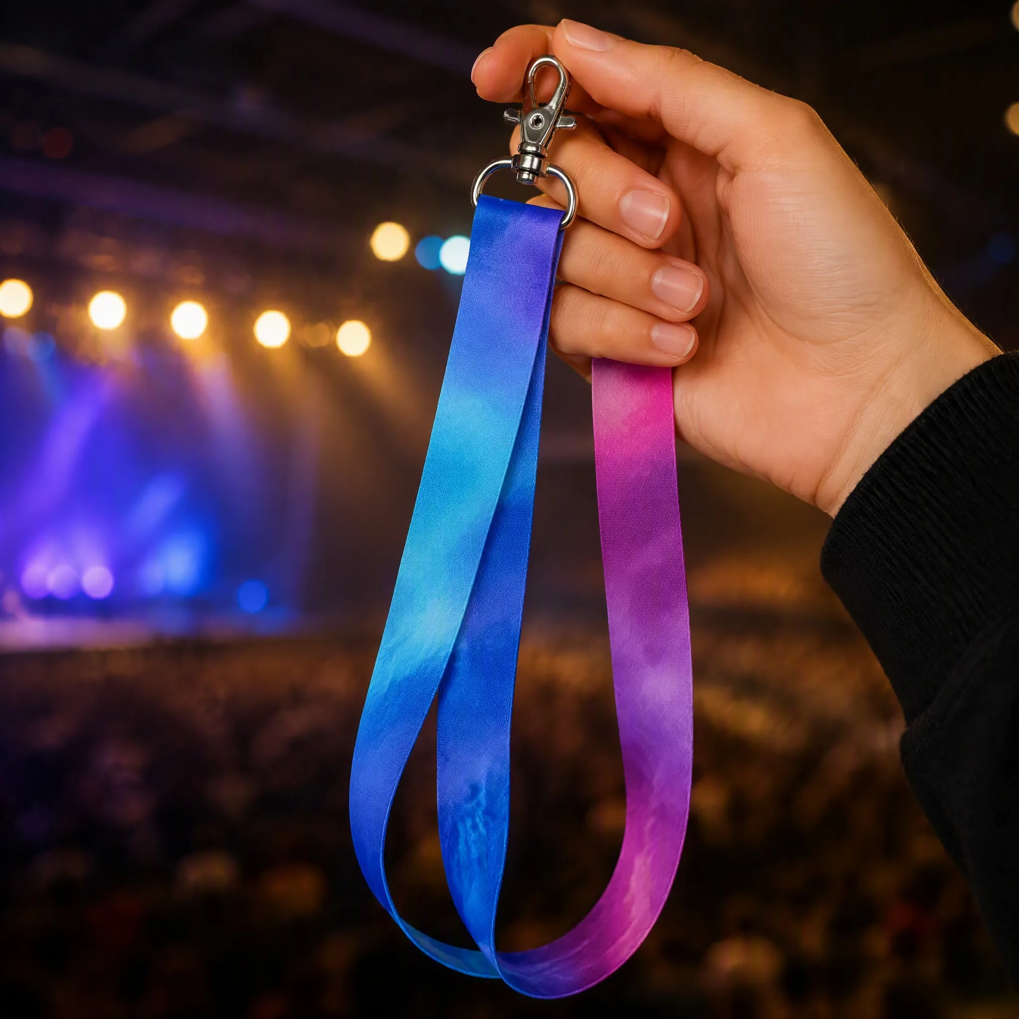 Hand holding gradient lanyard at a concert venue with stage lights