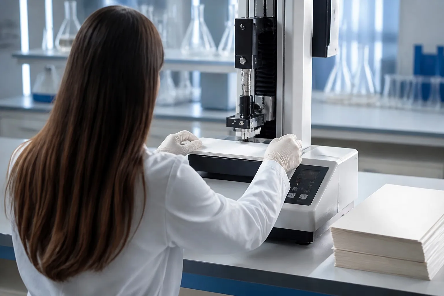 Professional laboratory testing paper samples for EN71 CPSIA safety compliance