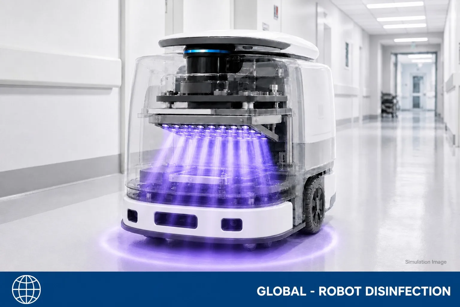 AMR disinfection robot with UVC LED beams projecting onto the floor
