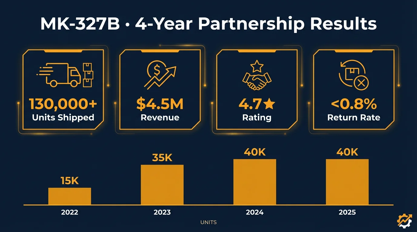 MK-327B 4-year partnership results infographic 130000 units 4.5M revenue