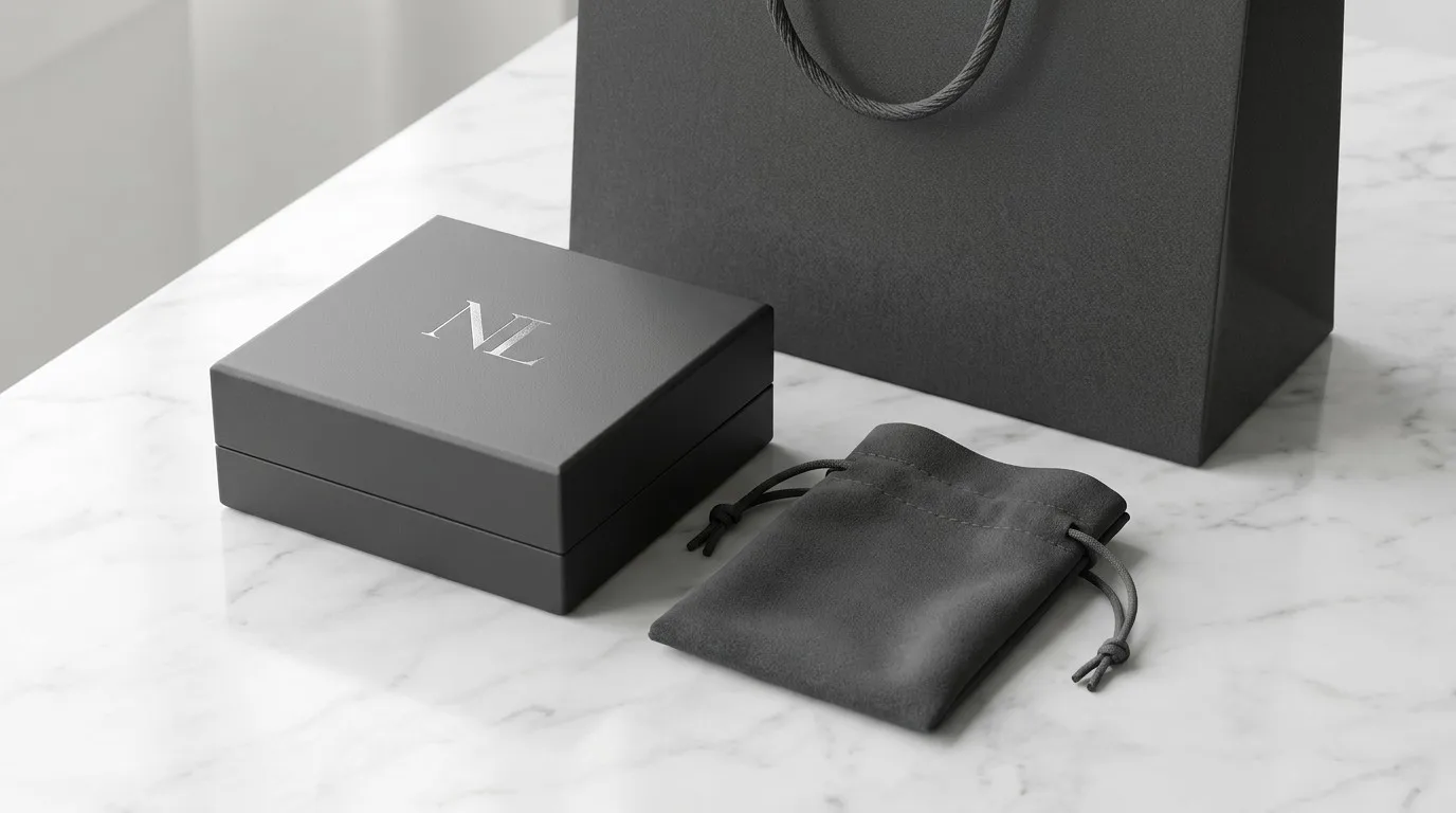 Finished luxury jewelry packaging suite for Nordic Luxe on a marble surface.