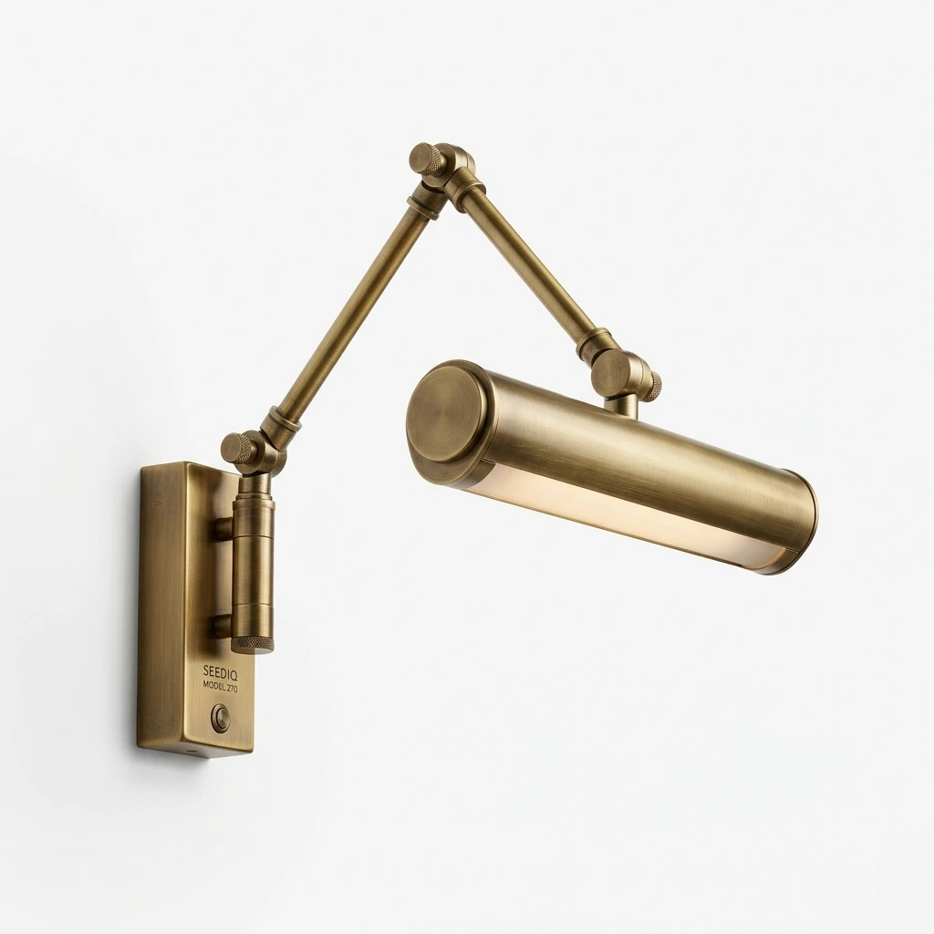 Seediq Model 270 Antique Brass picture light illuminating a textured 3D gallery wall