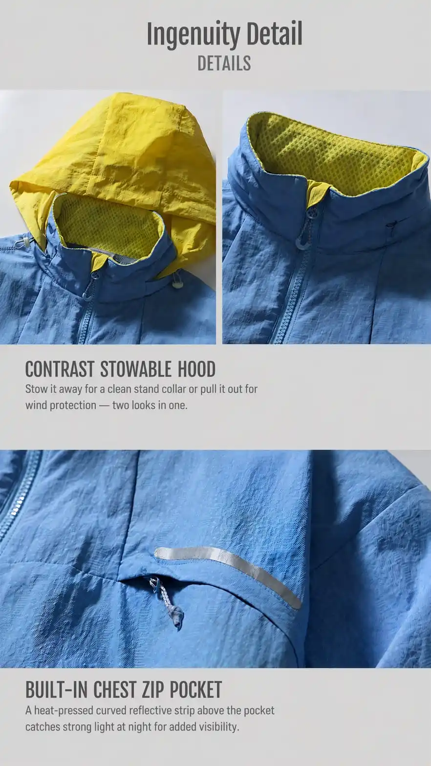 Contrast stowable hood and built-in chest zip pocket