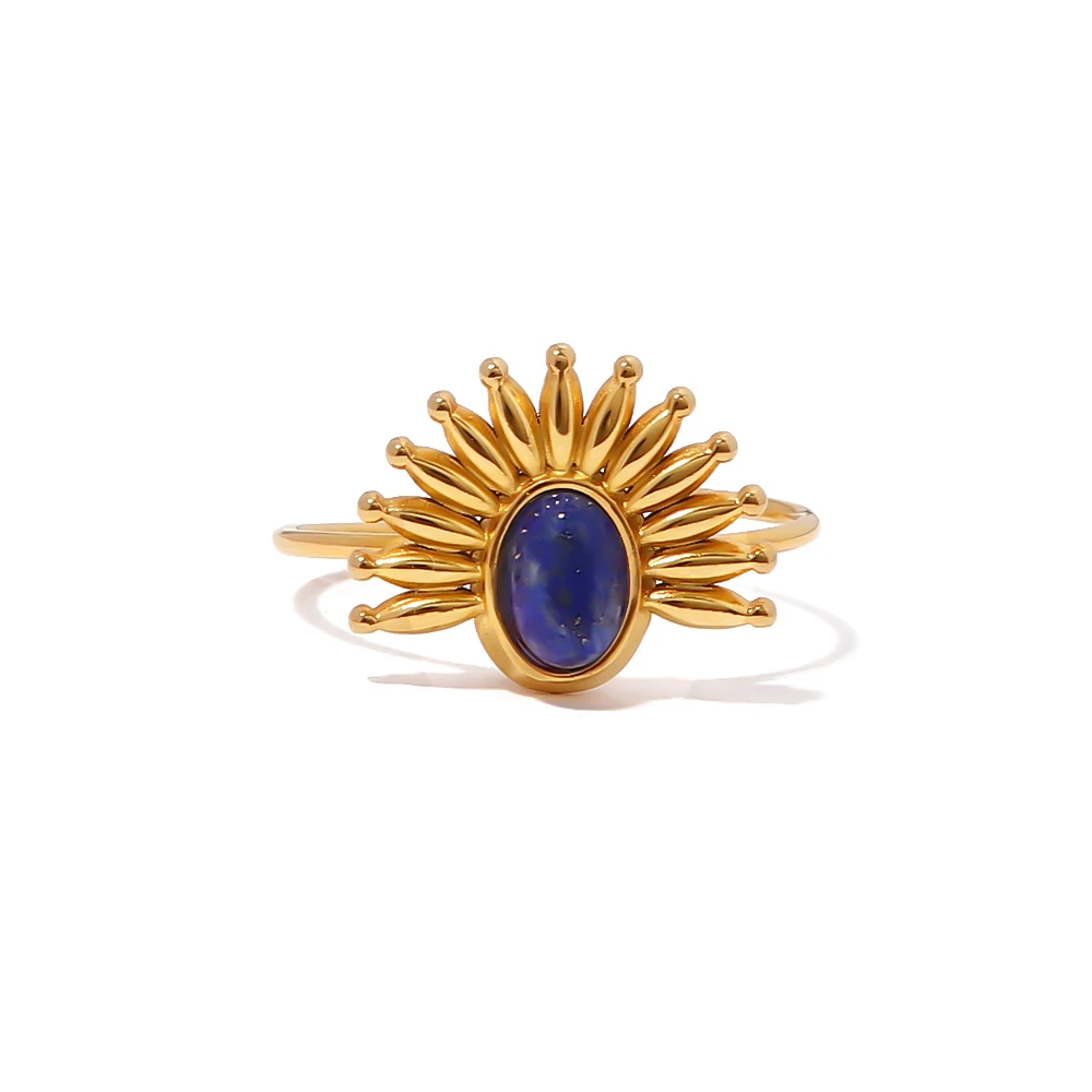 

Waterproof 18k Gold Plated Stainless Steel Jewelry Exaggerate Opening Lapis Lazuli Rings for Women