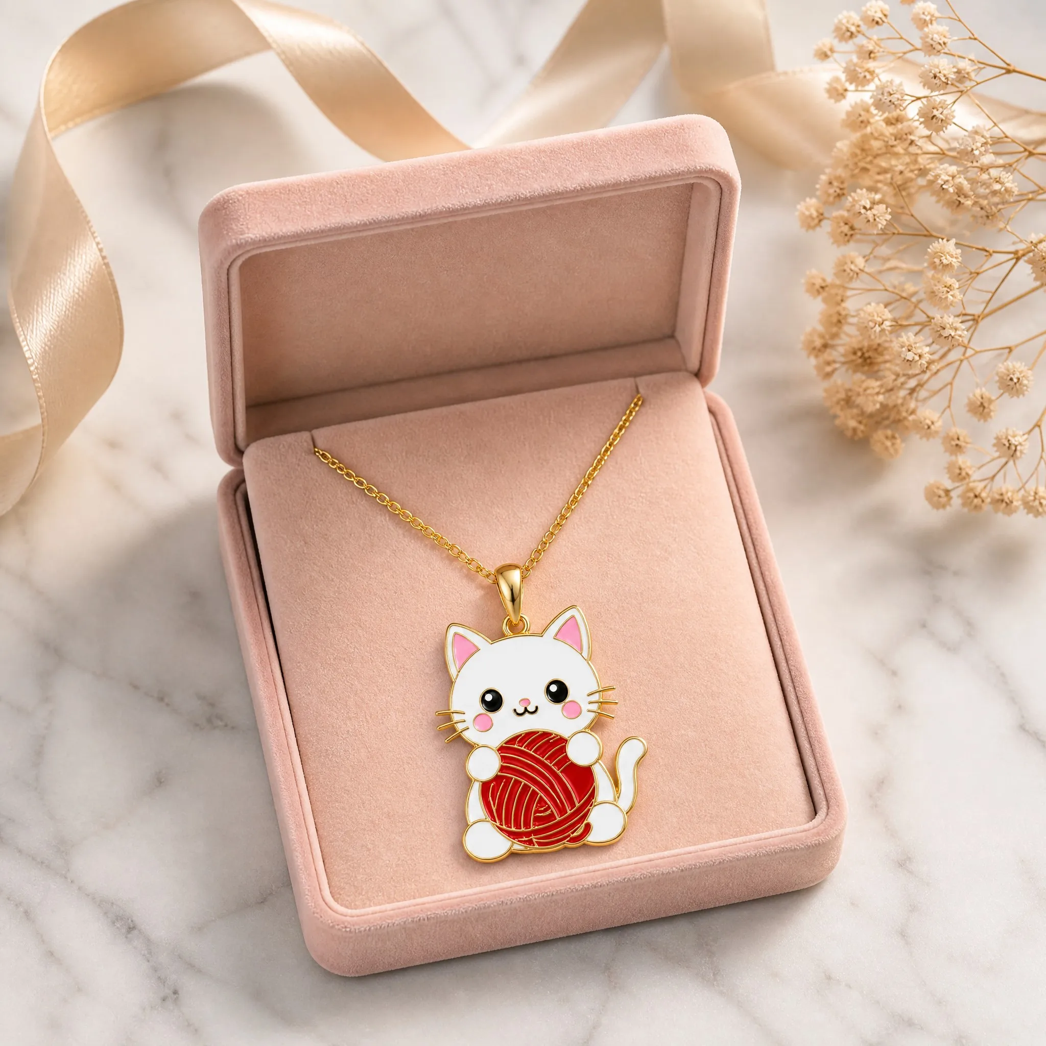 Cat pendant necklace in blush pink velvet gift box with ribbon on marble