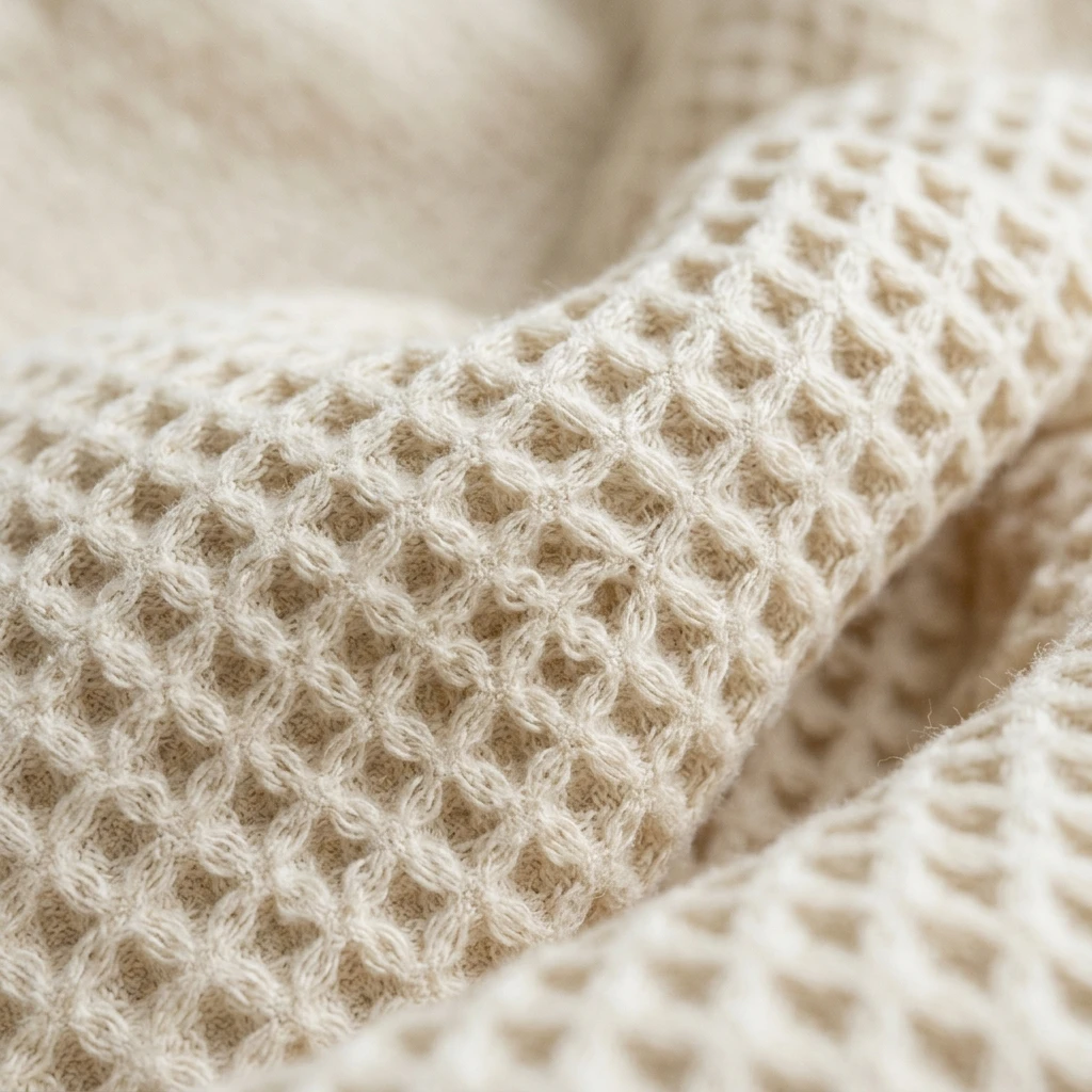 Gros plan sur la texture gaufrée et la douceur du coton crème Ambre & Volute