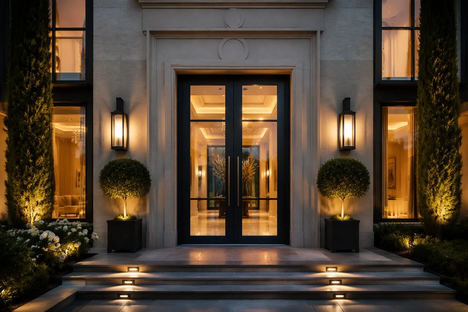 Grand luxury villa entrance with black aluminum double doors warm interior dusk