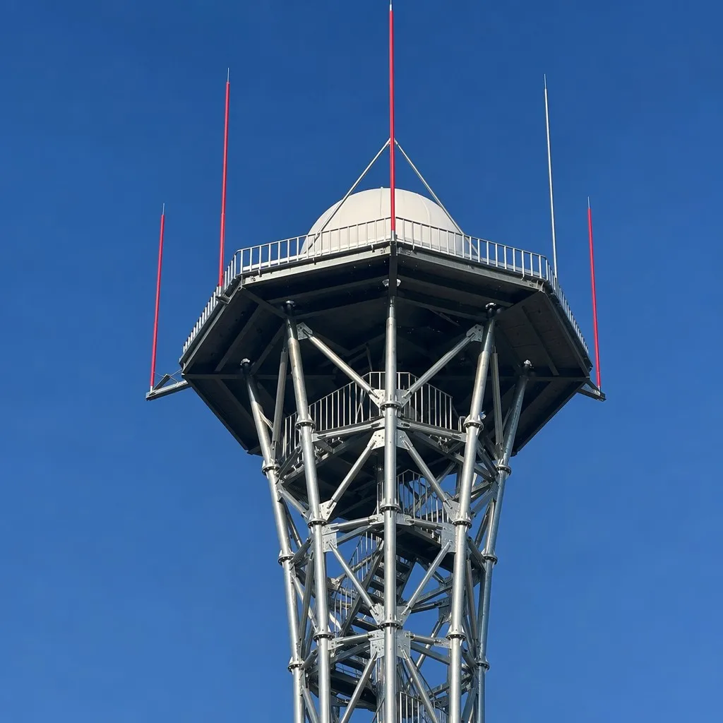 Top platform and radome detail of a lattice radar tower