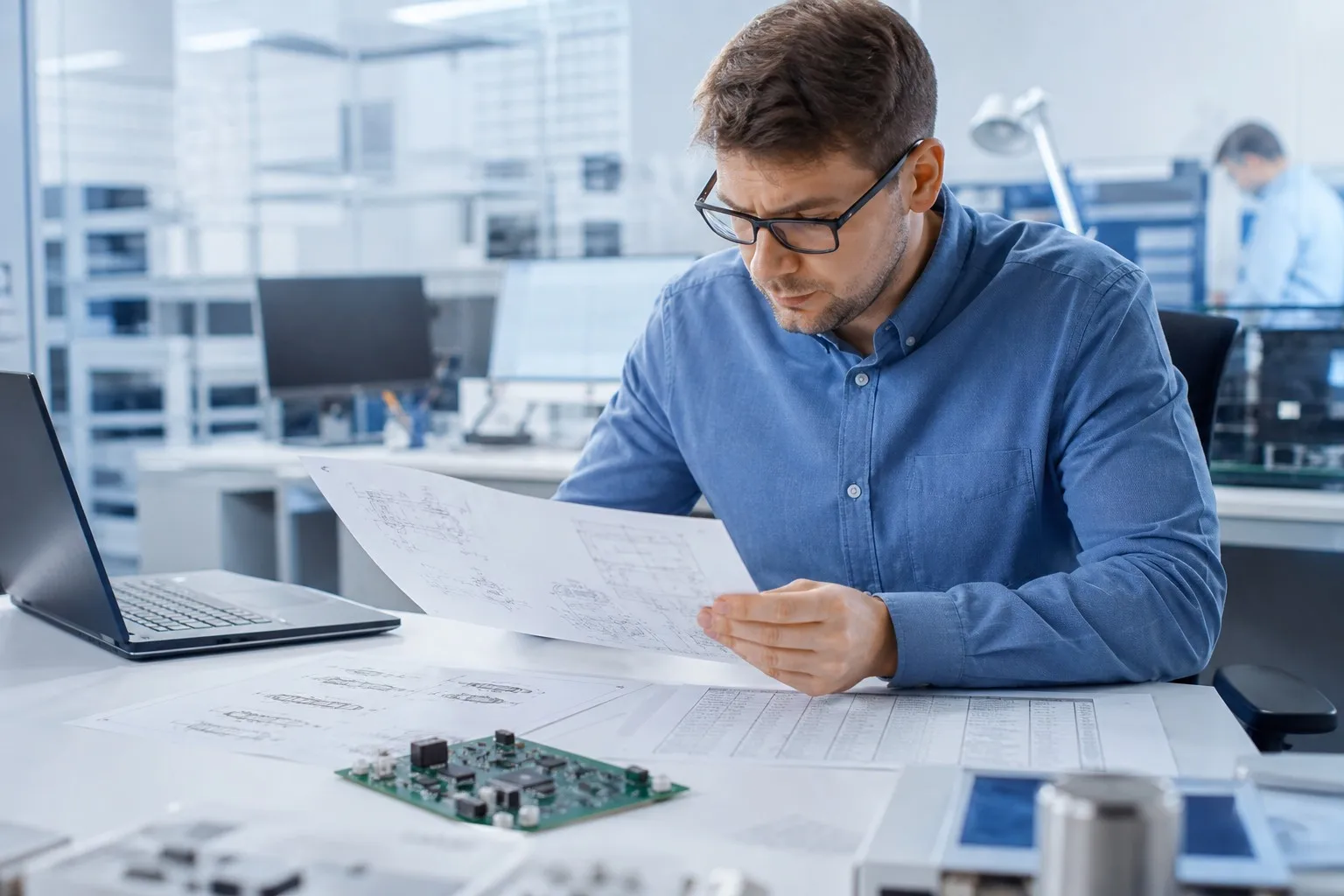 Engineer reviewing OEM drawings and BOM documentation