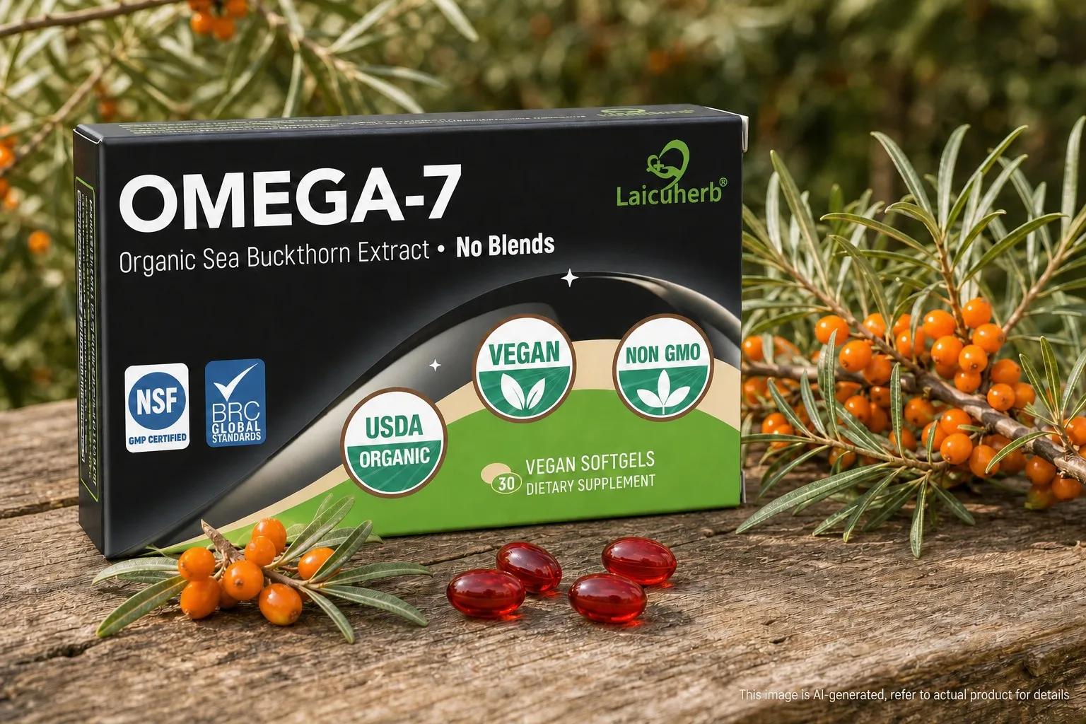Laicuherb Omega-7 Sea Buckthorn Oil Capsules box upright on wooden surface surrounded by fresh sea buckthorn berries botanical scene
