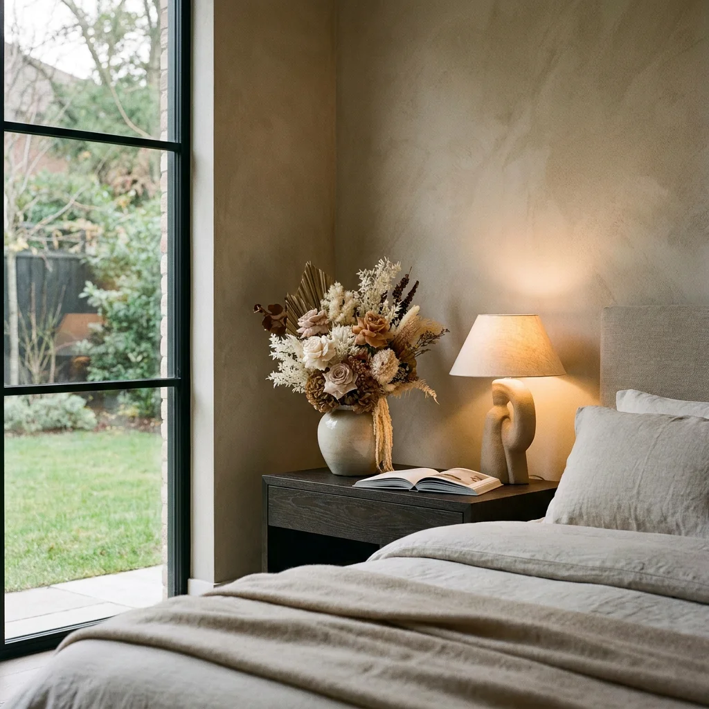 Preserved flower arrangement on a bedside table
