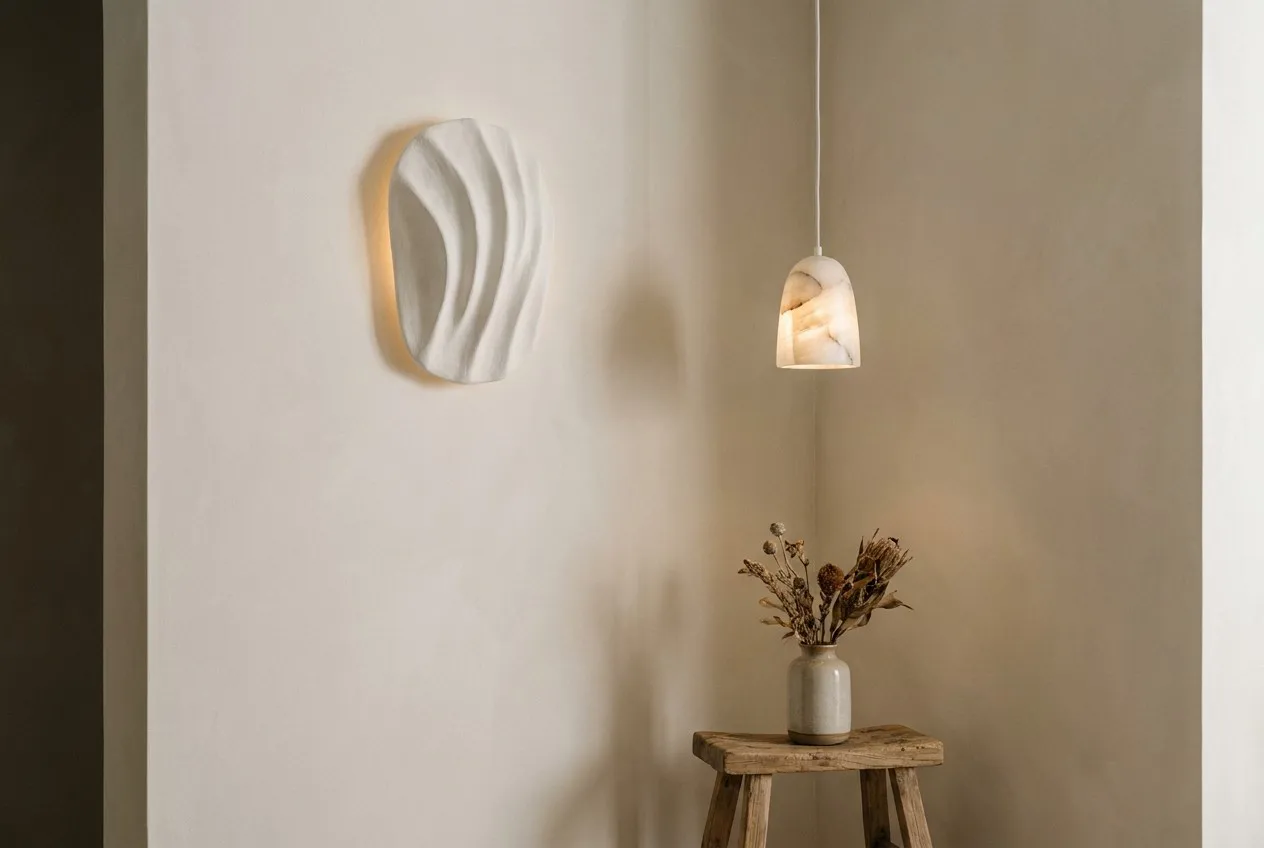 Harmony between a textured plaster wall lamp and an alabaster pendant in a minimalist corner