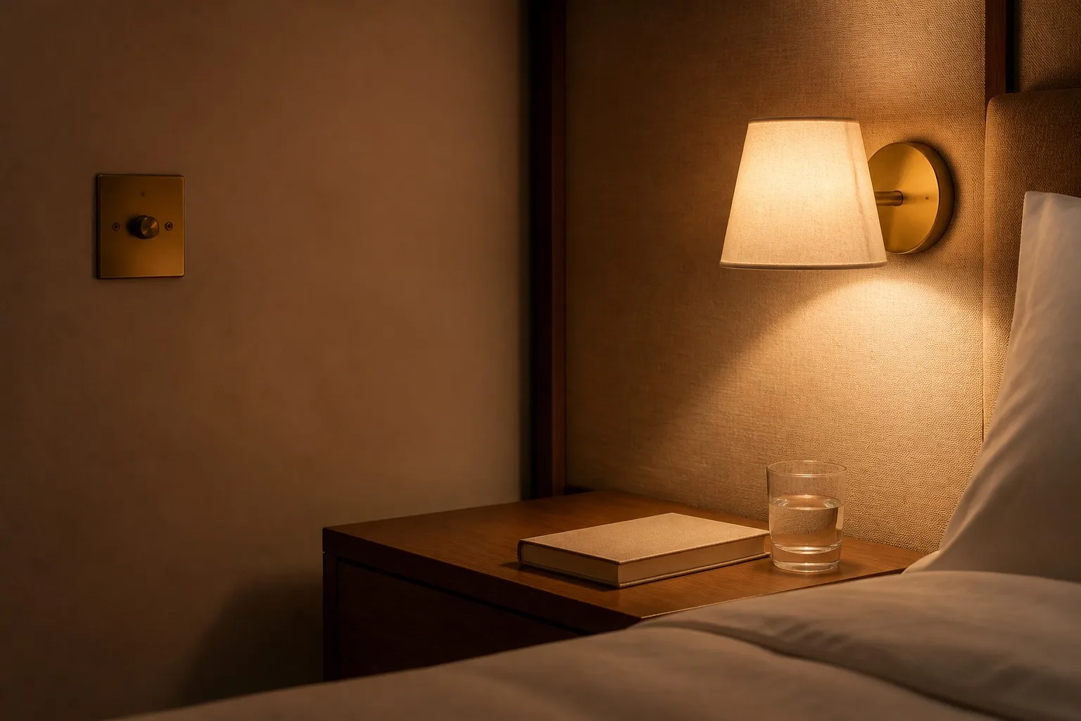 Wall-mounted hotel bedside reading lamp above a timber nightstand, with a dimmer plate beside the headboard