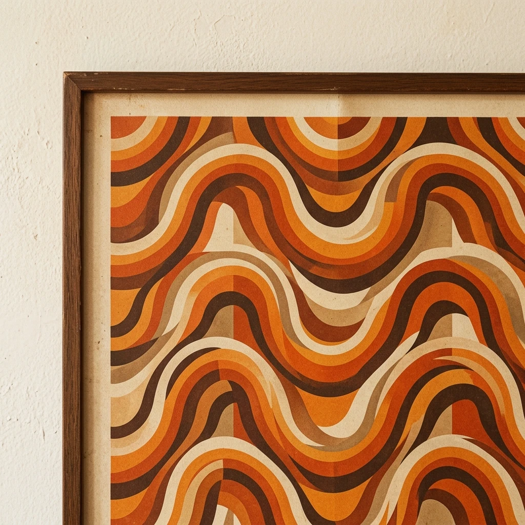 Détail des motifs géométriques et ondes orange d'un tableau rétro vintage
