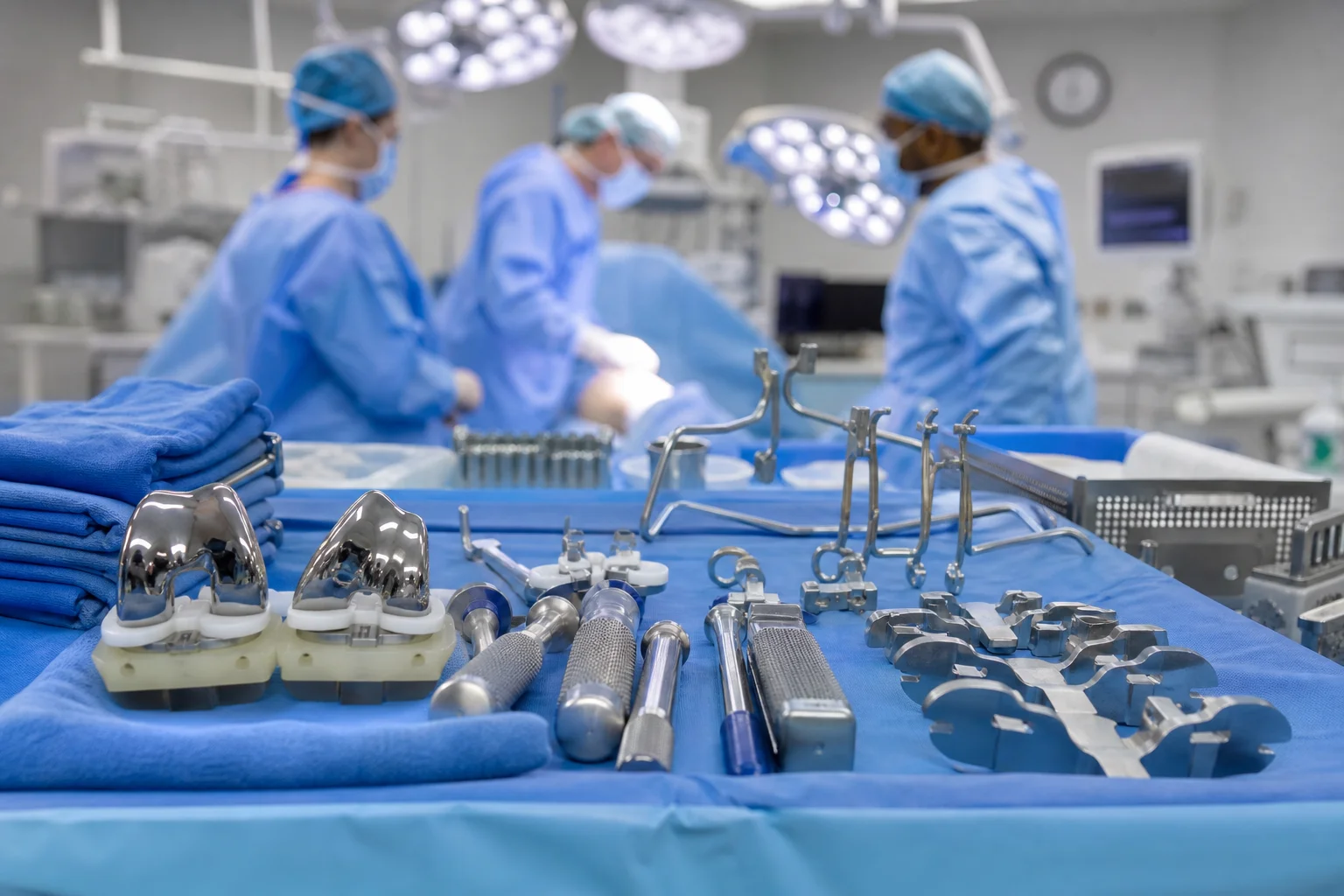 Modern sterile hospital surgical operating theater with precision cast surgical instruments