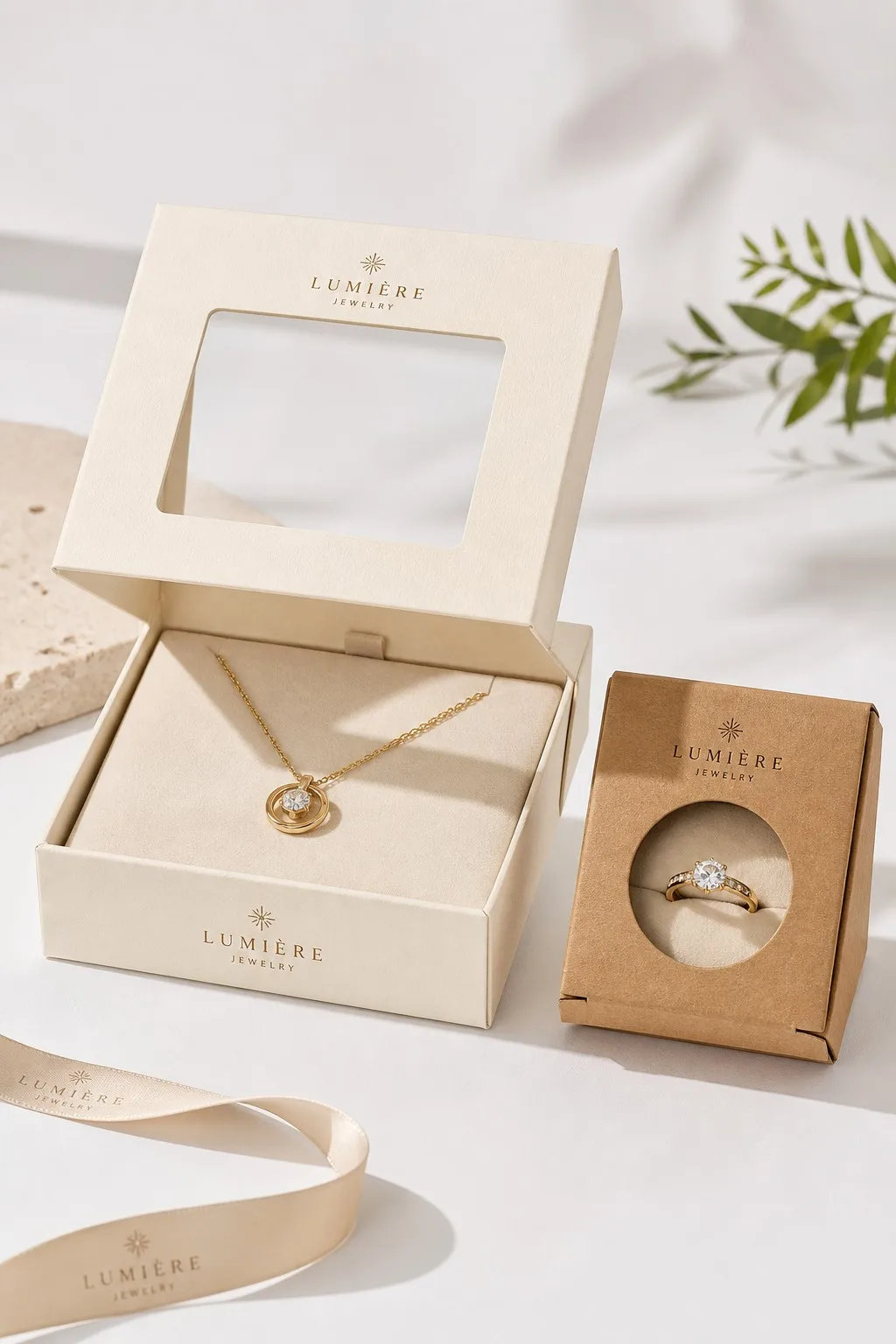 Ivory rigid jewelry box with rectangular PVC window panel showing a gold necklace on velvet interior, kraft windowed carton beside it