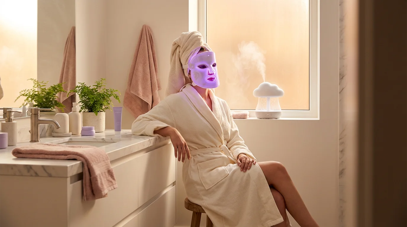 Glazley lifestyle - woman using LED face mask in cozy bathroom