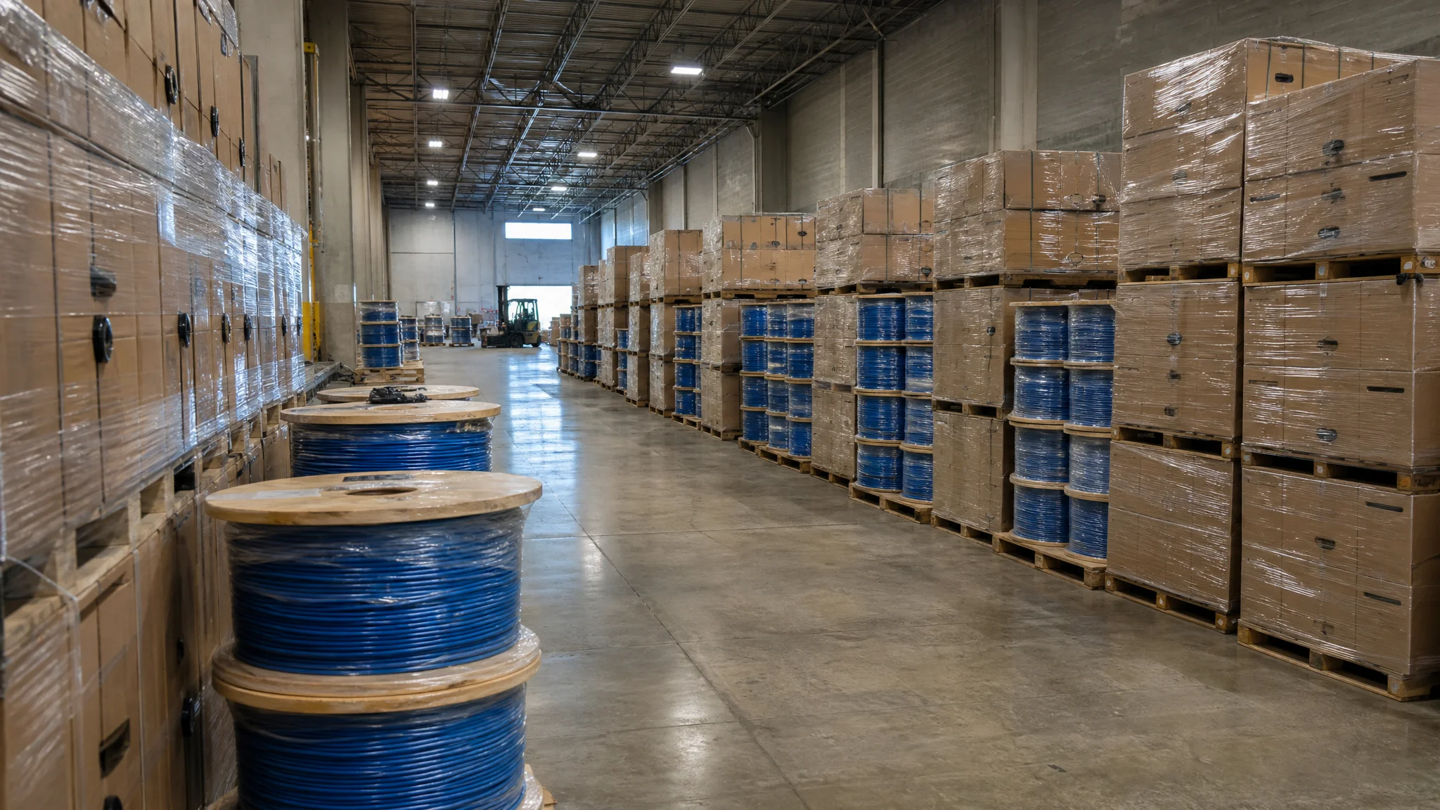 Pallets of Cat6 cable boxes and reels in a distribution warehouse