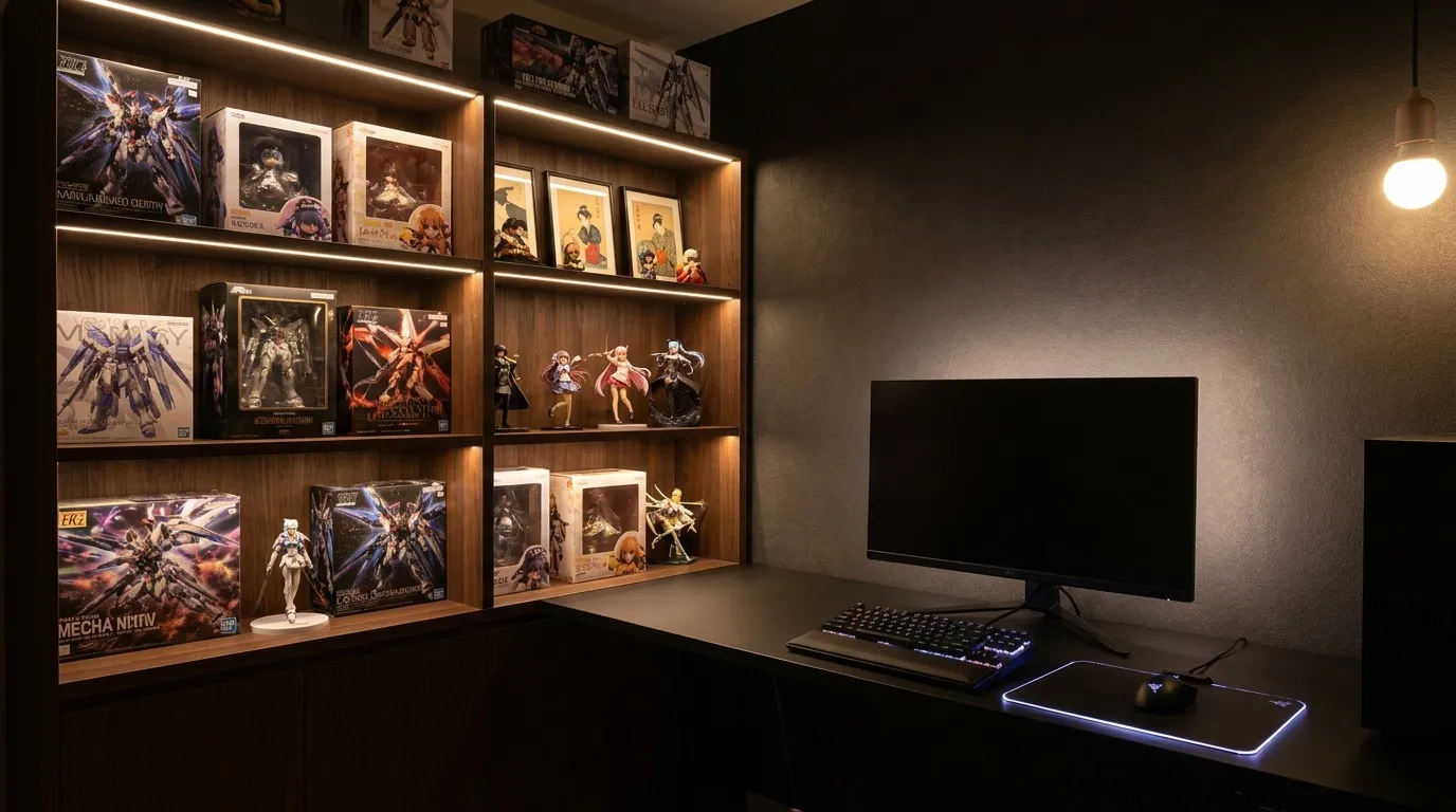 Premium anime room setup with collector shelf and LED lighting