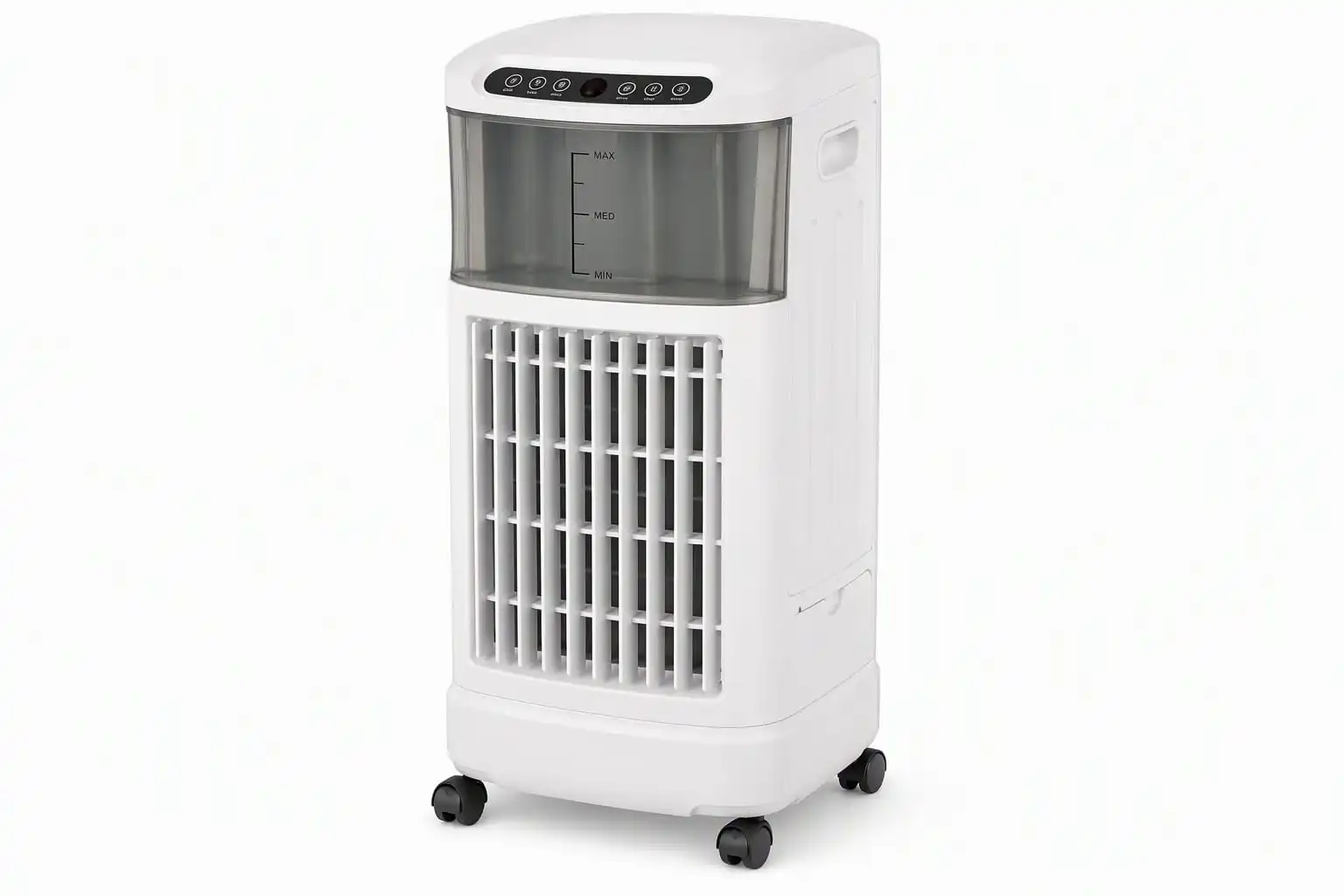 White pedestal evaporative air cooler with transparent water tank and top control strip