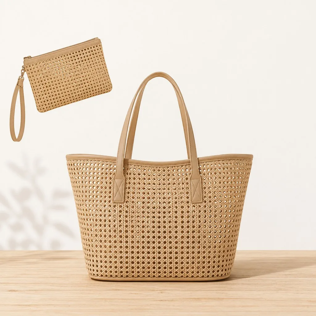 Beige woven mesh beach tote with matching pouch and tan PU handles - 2K product photo
