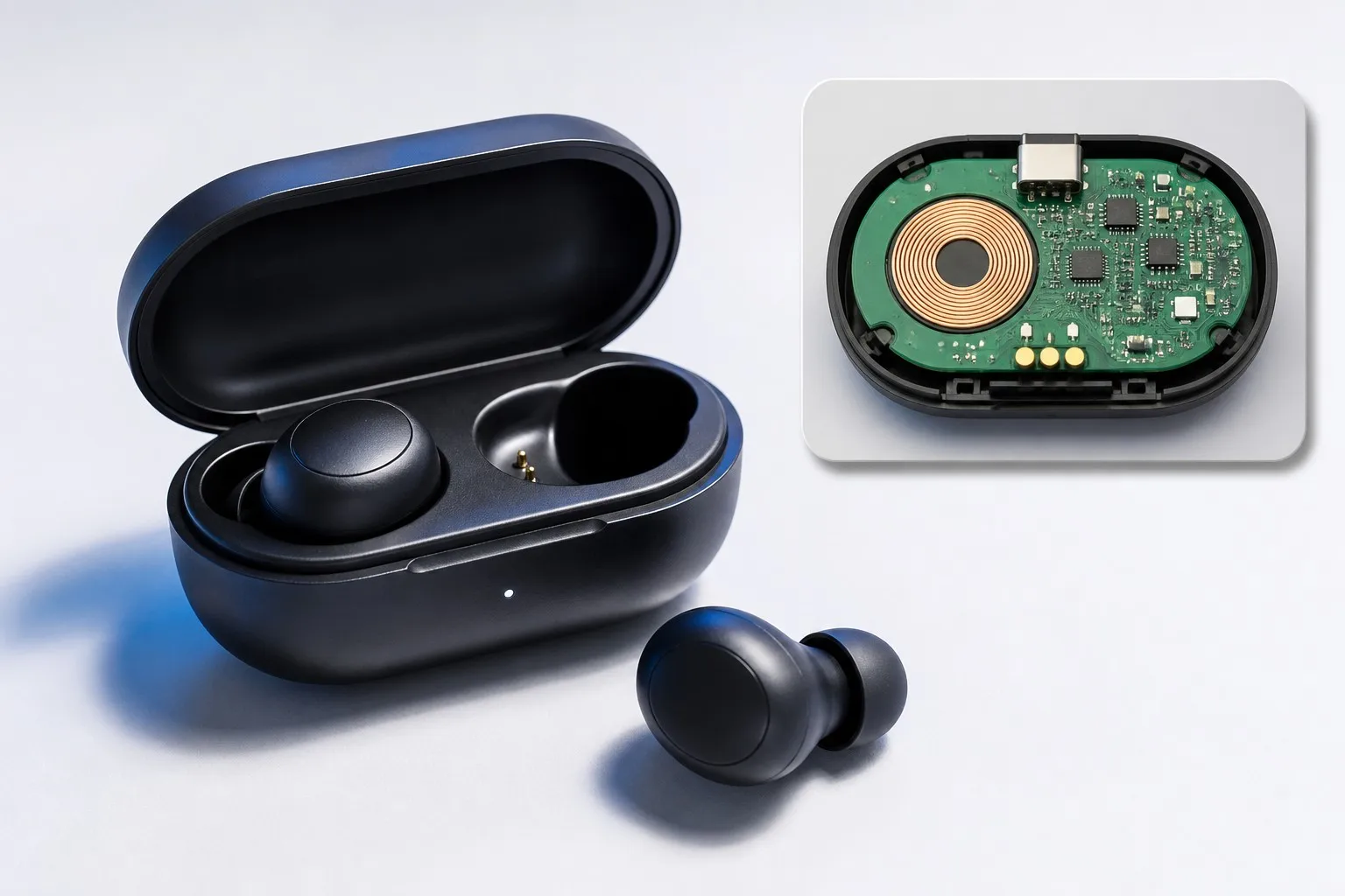 True wireless earbuds with charging case