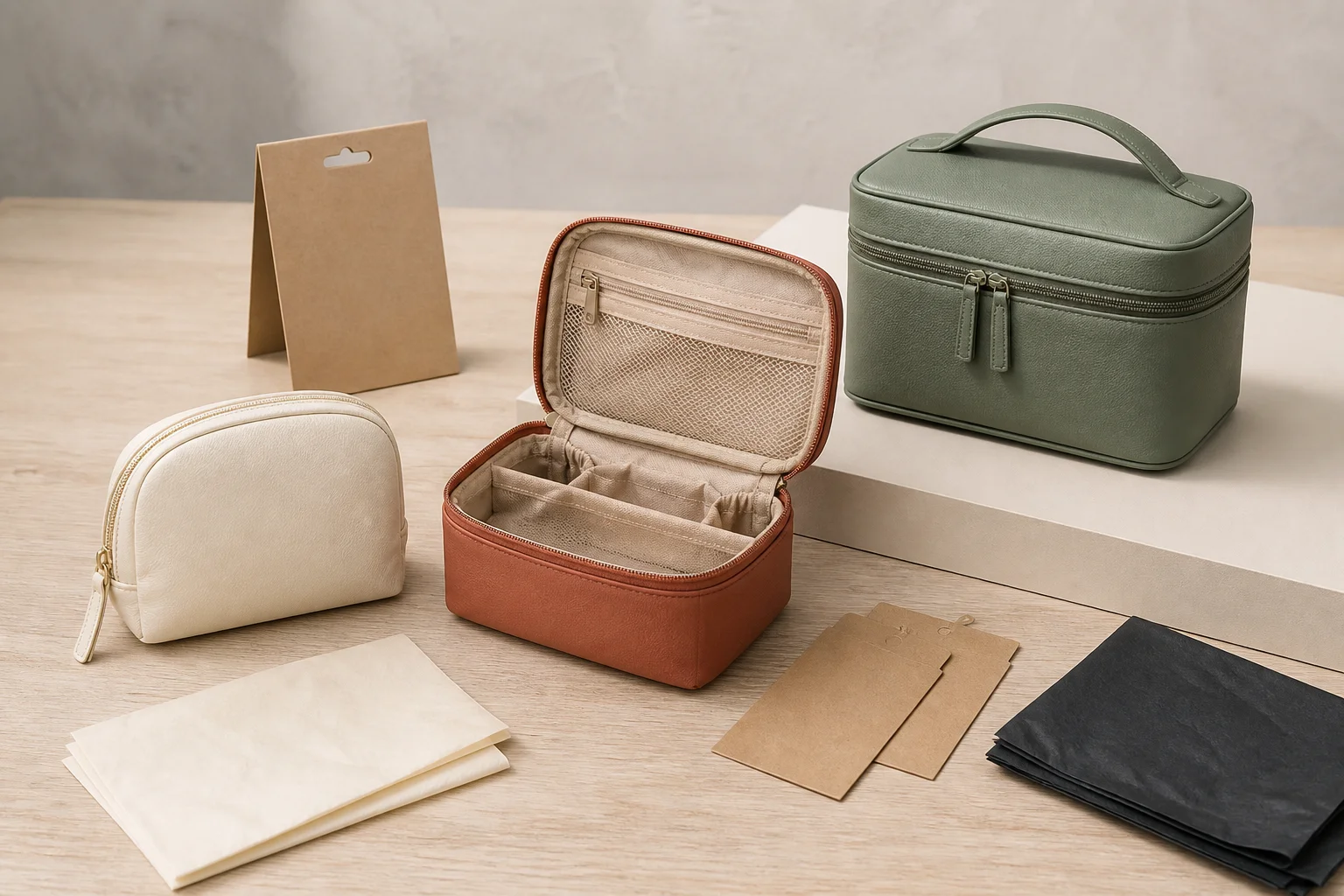 Three unbranded cosmetic bag formats arranged as a retail assortment with blank packaging cards