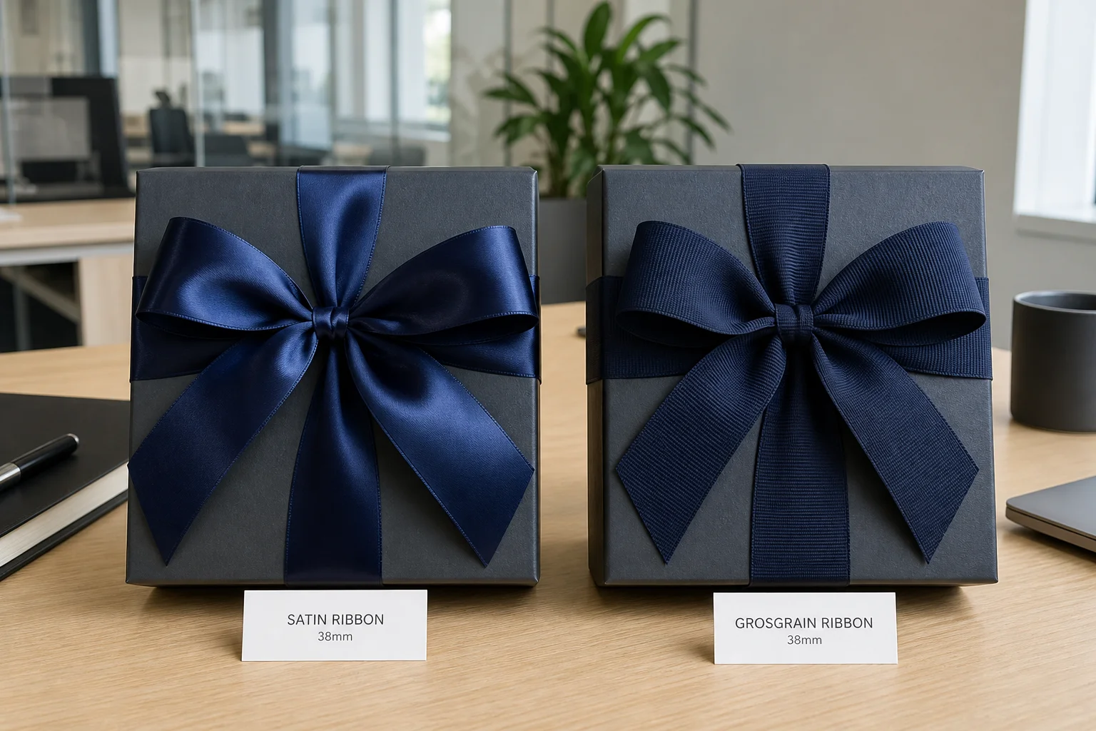 Satin vs grosgrain ribbon corporate gift box comparison showing surface texture difference
