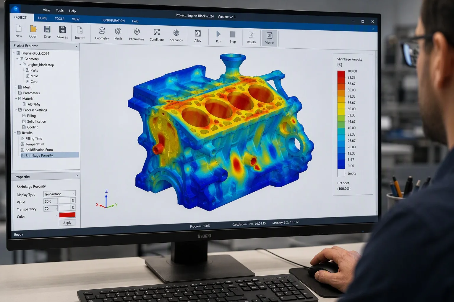 Casting simulation software showing solidification analysis with thermal gradient