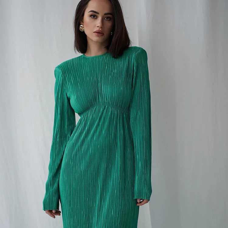 

New Fall 2023 Pleated Round Neck Long Sleeve Vestidos Largos Cutout Midi Dress Casual Elegant Dresses