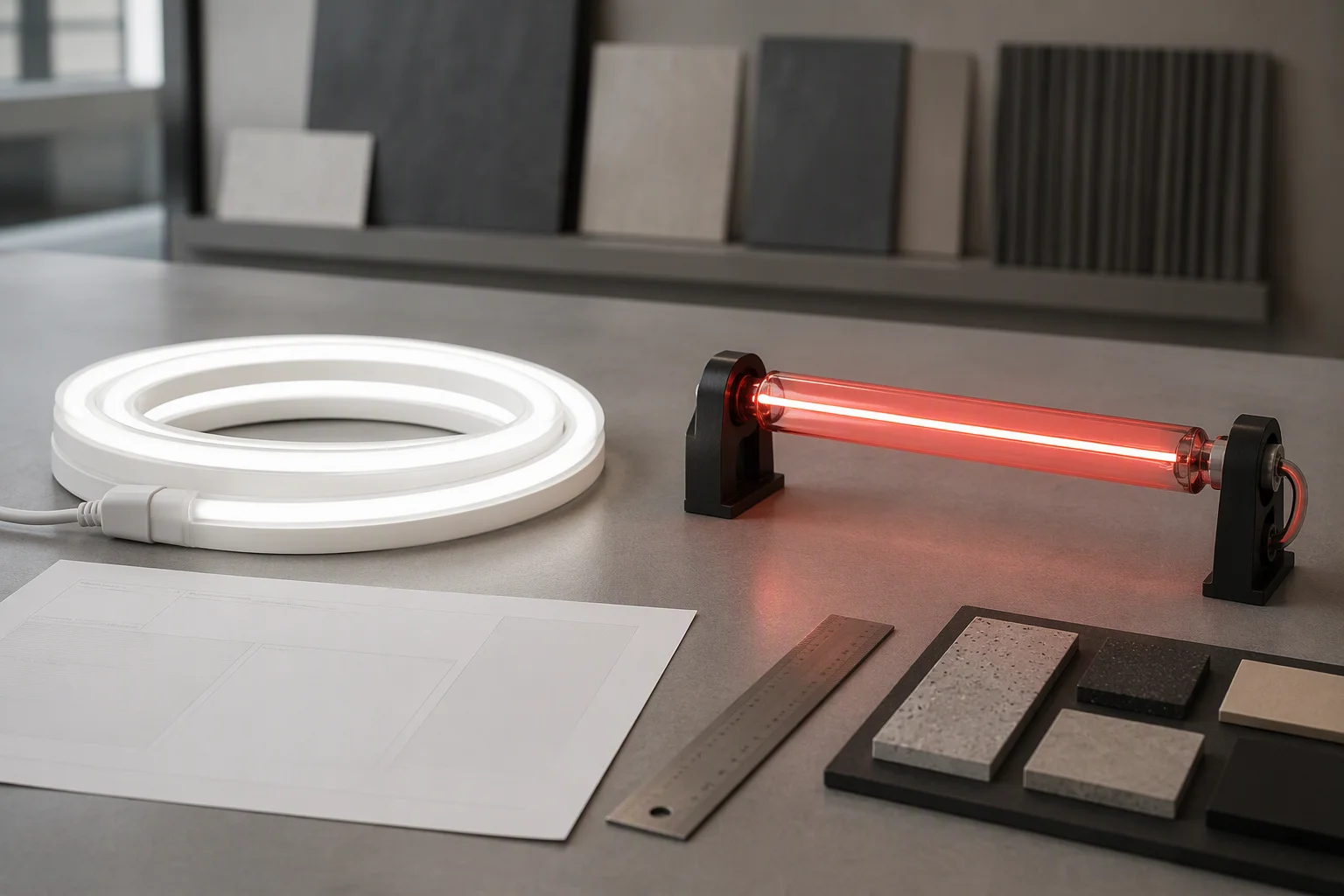 Lighting samples arranged for a buyer comparing LED Neon Flex and traditional glass neon